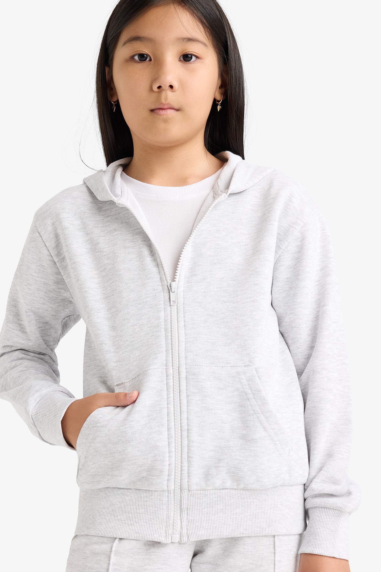 Kız Çocuk Basic Düz Kapüşonlu Okul Fermuarlı Sweatshirt