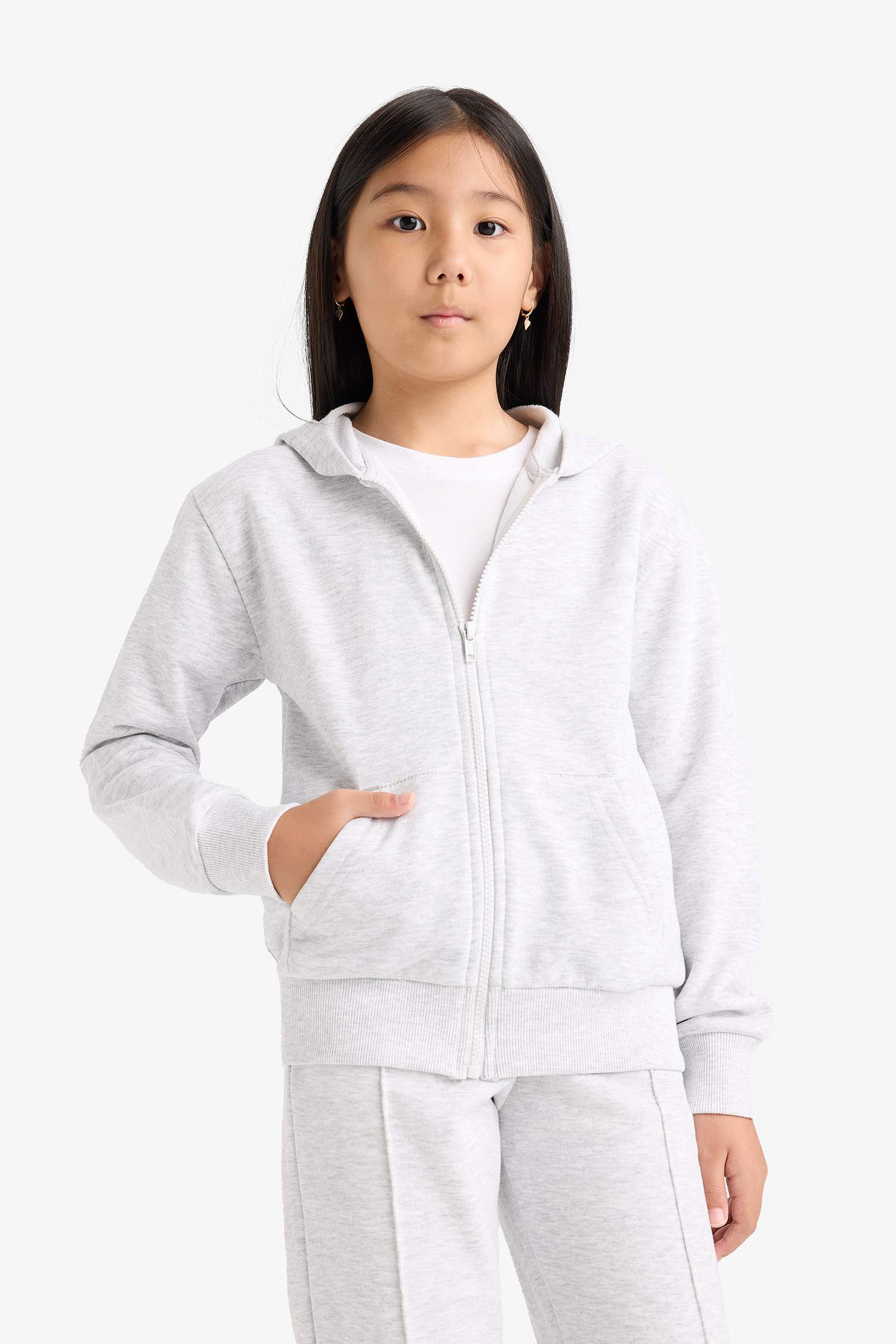 Kız Çocuk Basic Düz Kapüşonlu Okul Fermuarlı Sweatshirt