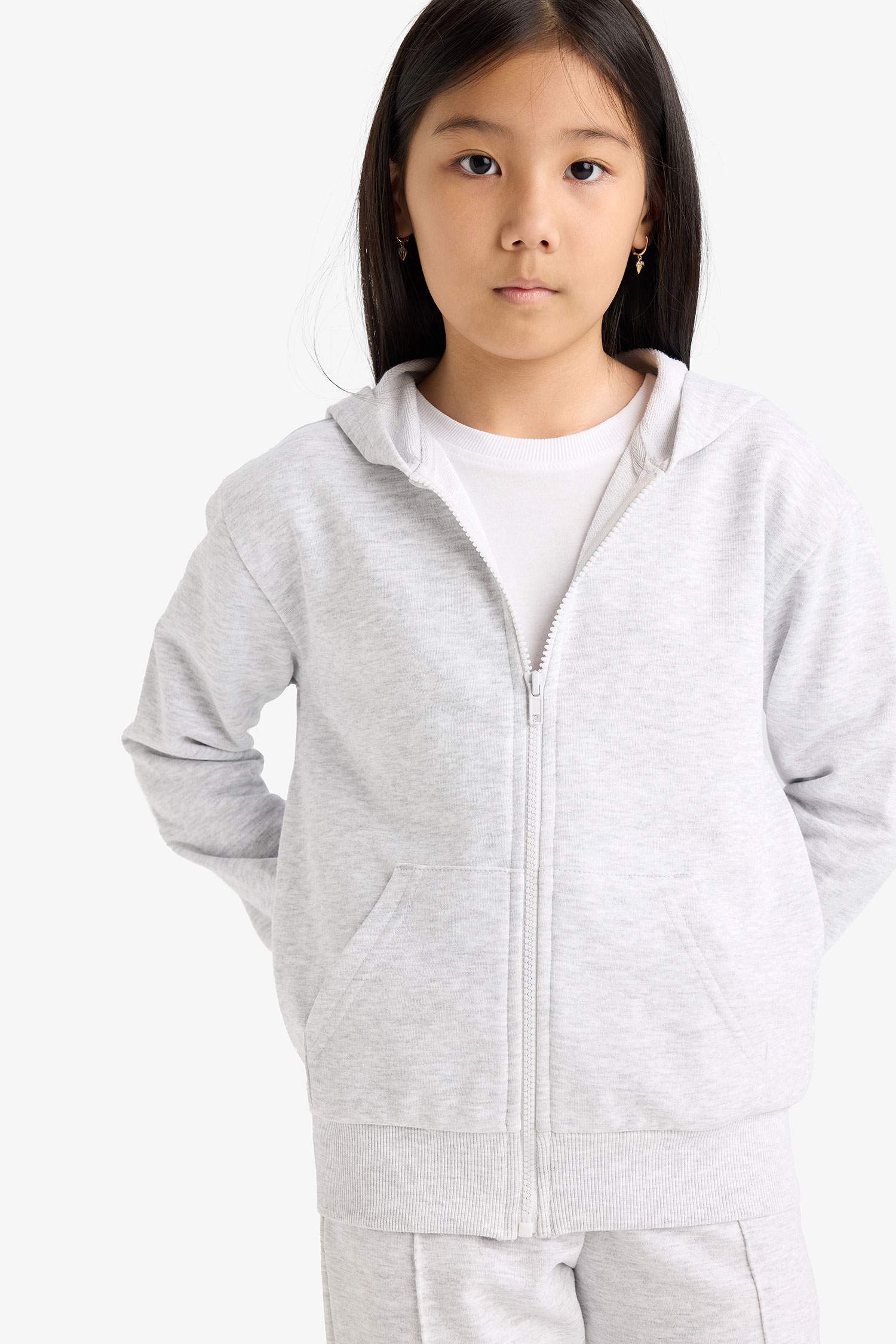Kız Çocuk Basic Düz Kapüşonlu Okul Fermuarlı Sweatshirt