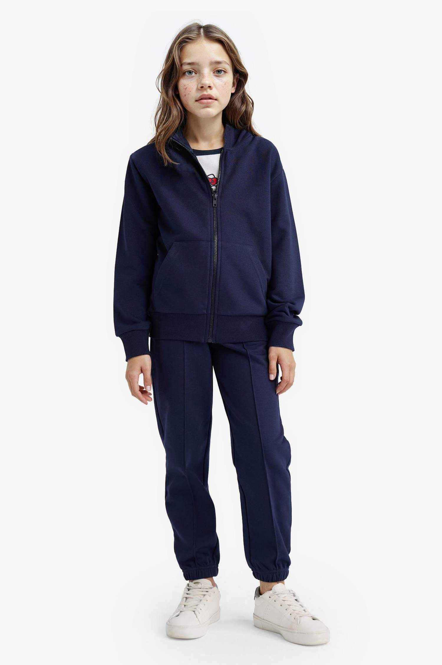 Kız Çocuk Basic Düz Kapüşonlu Okul Fermuarlı Sweatshirt