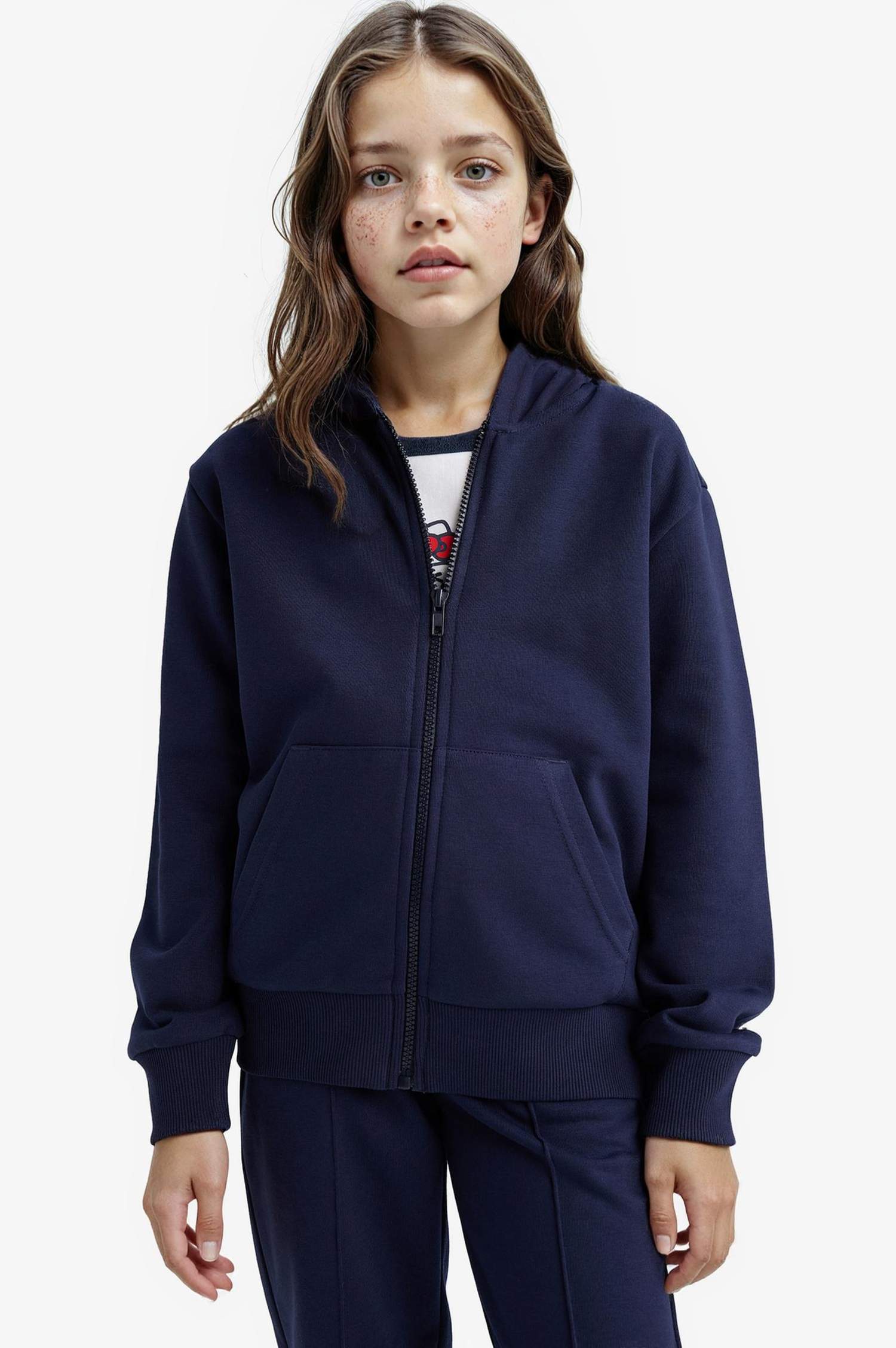 Kız Çocuk Basic Düz Kapüşonlu Okul Fermuarlı Sweatshirt