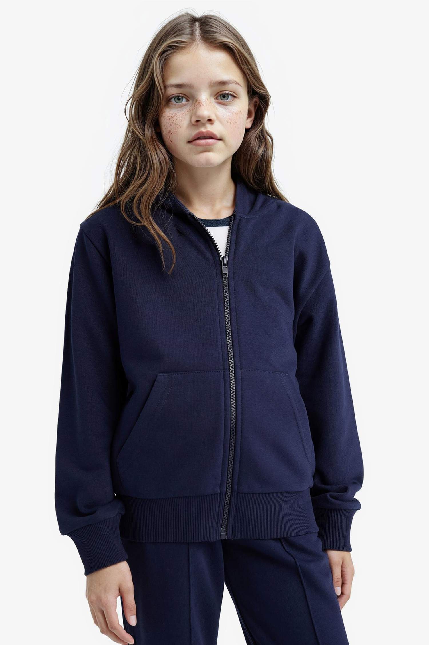 Kız Çocuk Basic Düz Kapüşonlu Okul Fermuarlı Sweatshirt