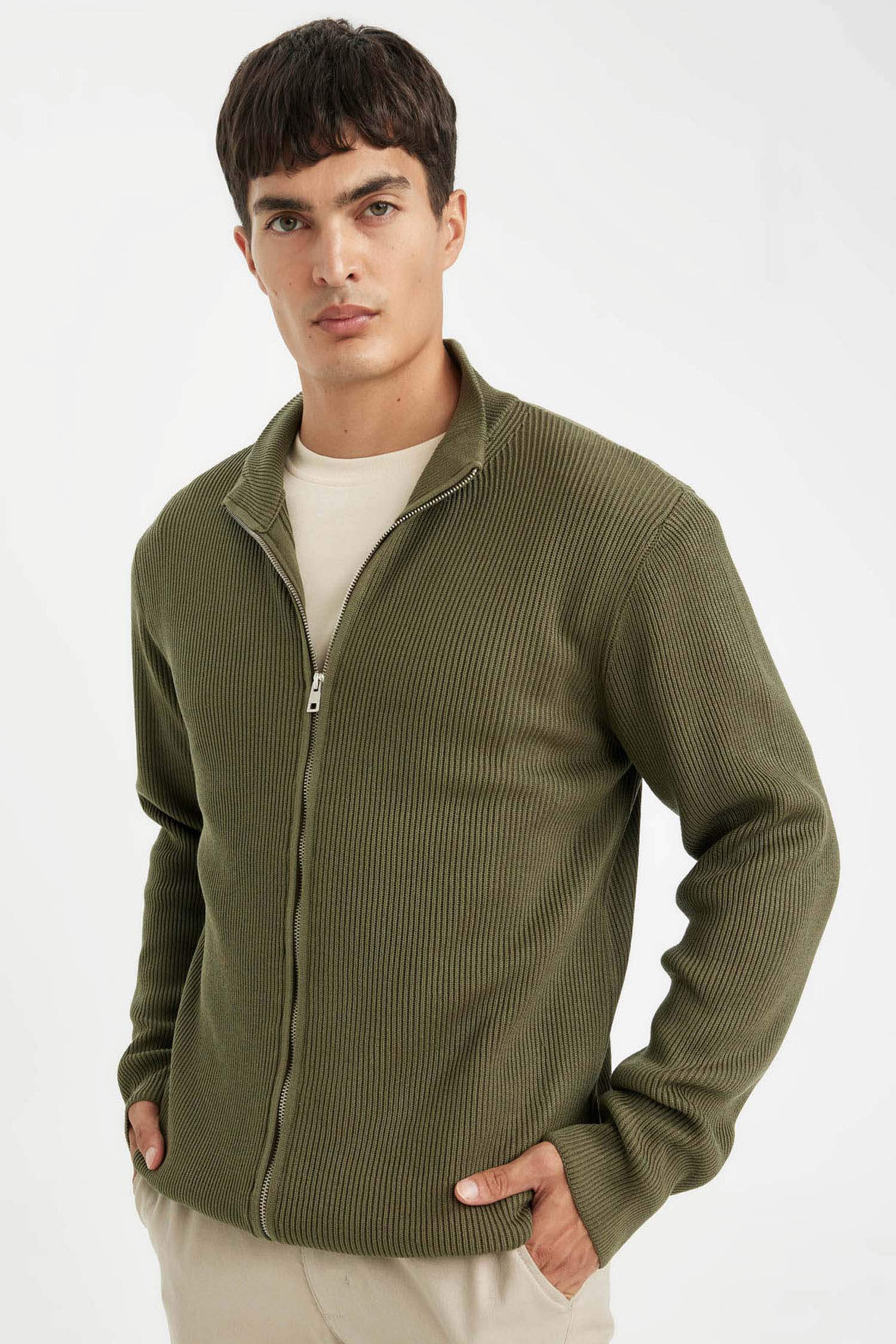 Cardigan zippé kaki Coupe standard avec col montant pour Homme