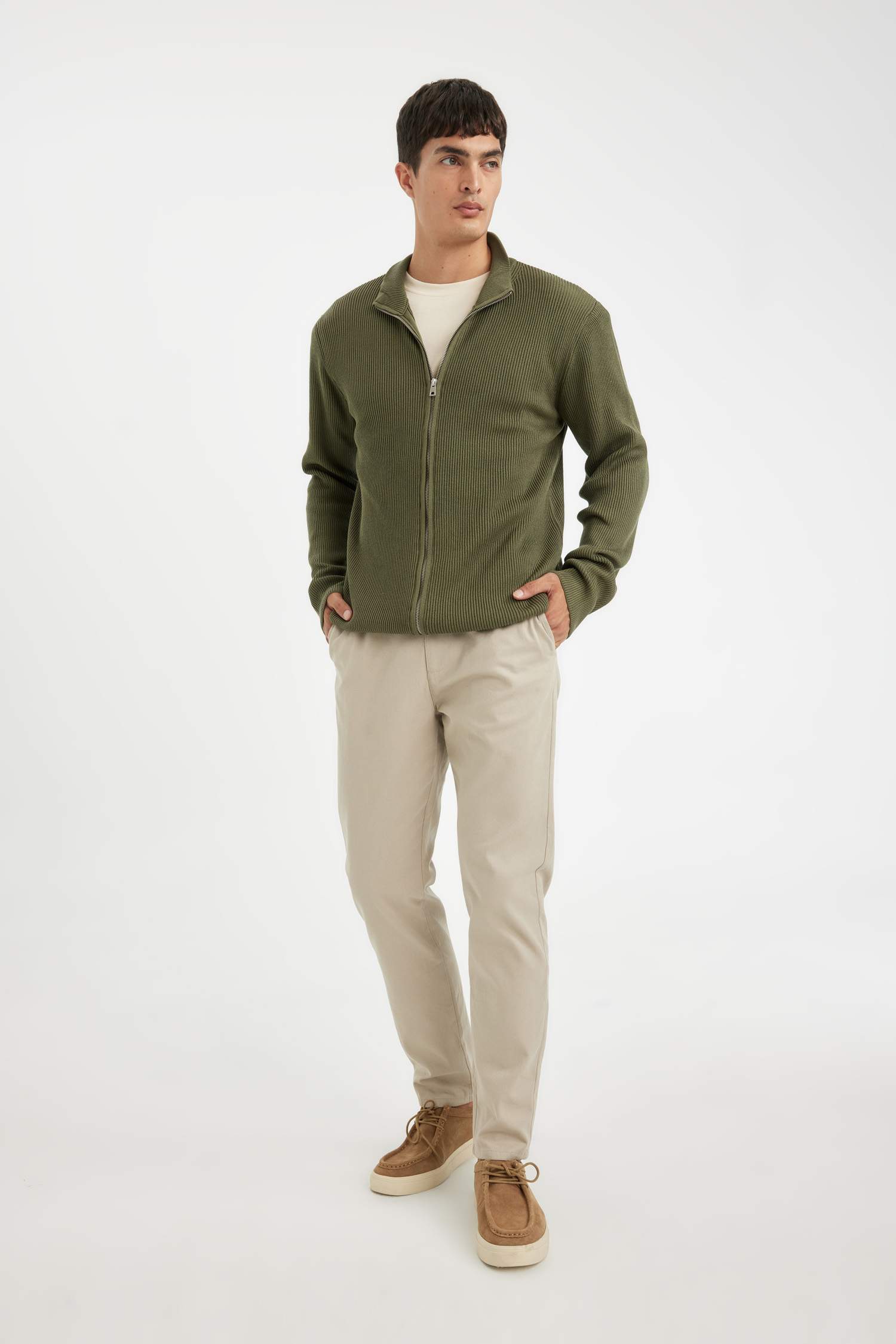 Cardigan zippé kaki Coupe standard avec col montant pour Homme