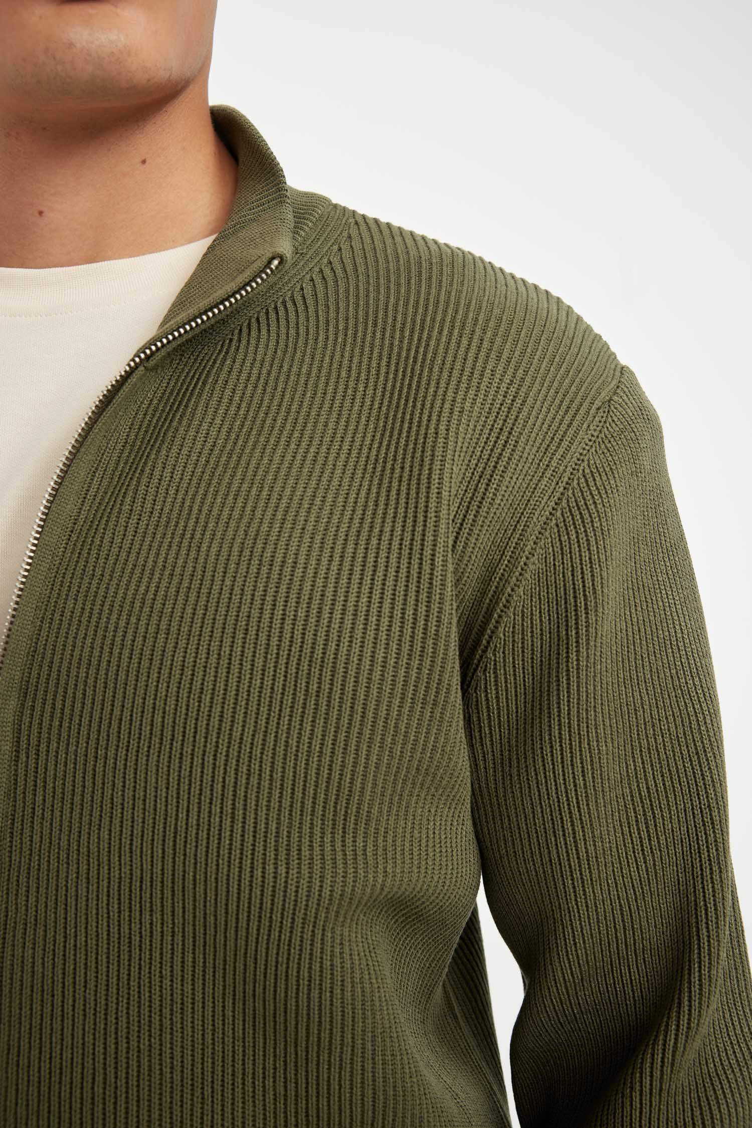 Cardigan zippé kaki Coupe standard avec col montant pour Homme