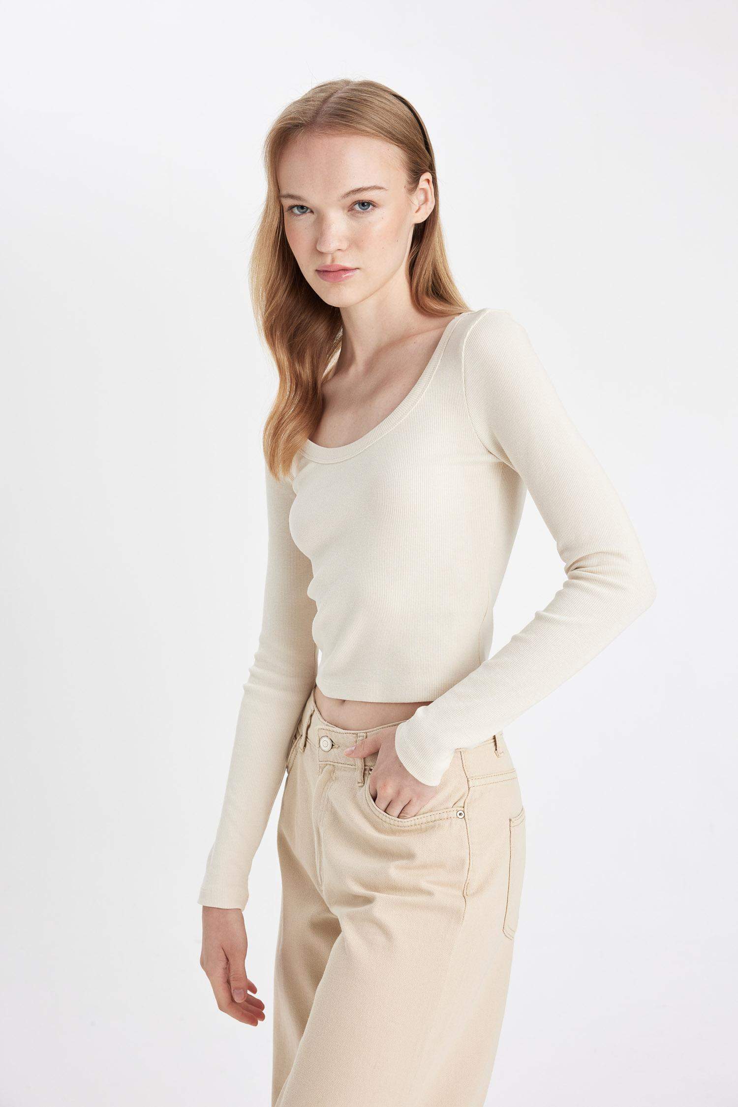 Coool Fitted Vücuda Oturan U Yaka Fitilli Kaşkorse Basic Düz Uzun Kollu Tişört