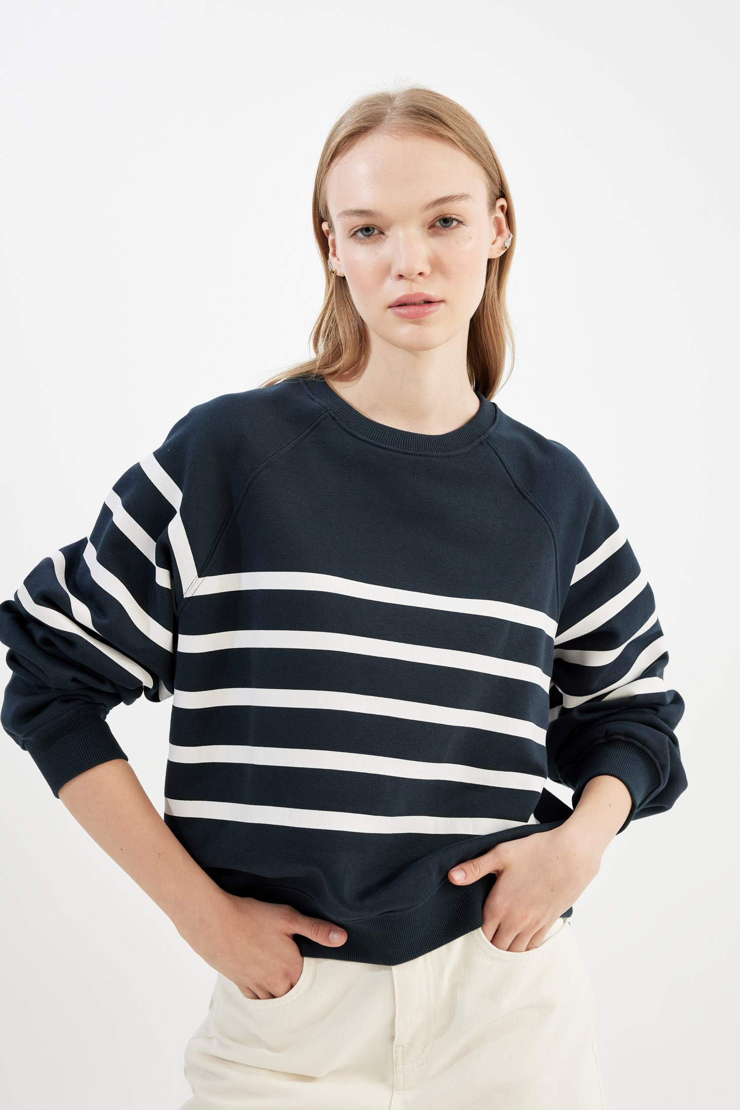 Coool Oversize Geniş Kalıp Bisiklet Yaka Çizgili Kalın Sweatshirt