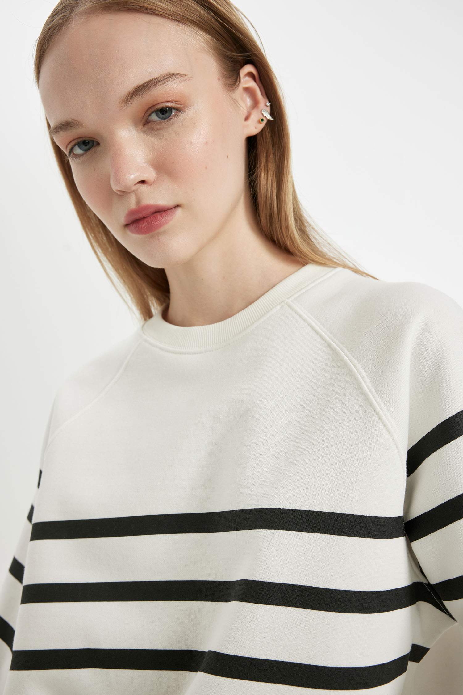 Coool Oversize Geniş Kalıp Bisiklet Yaka Çizgili Kalın Sweatshirt