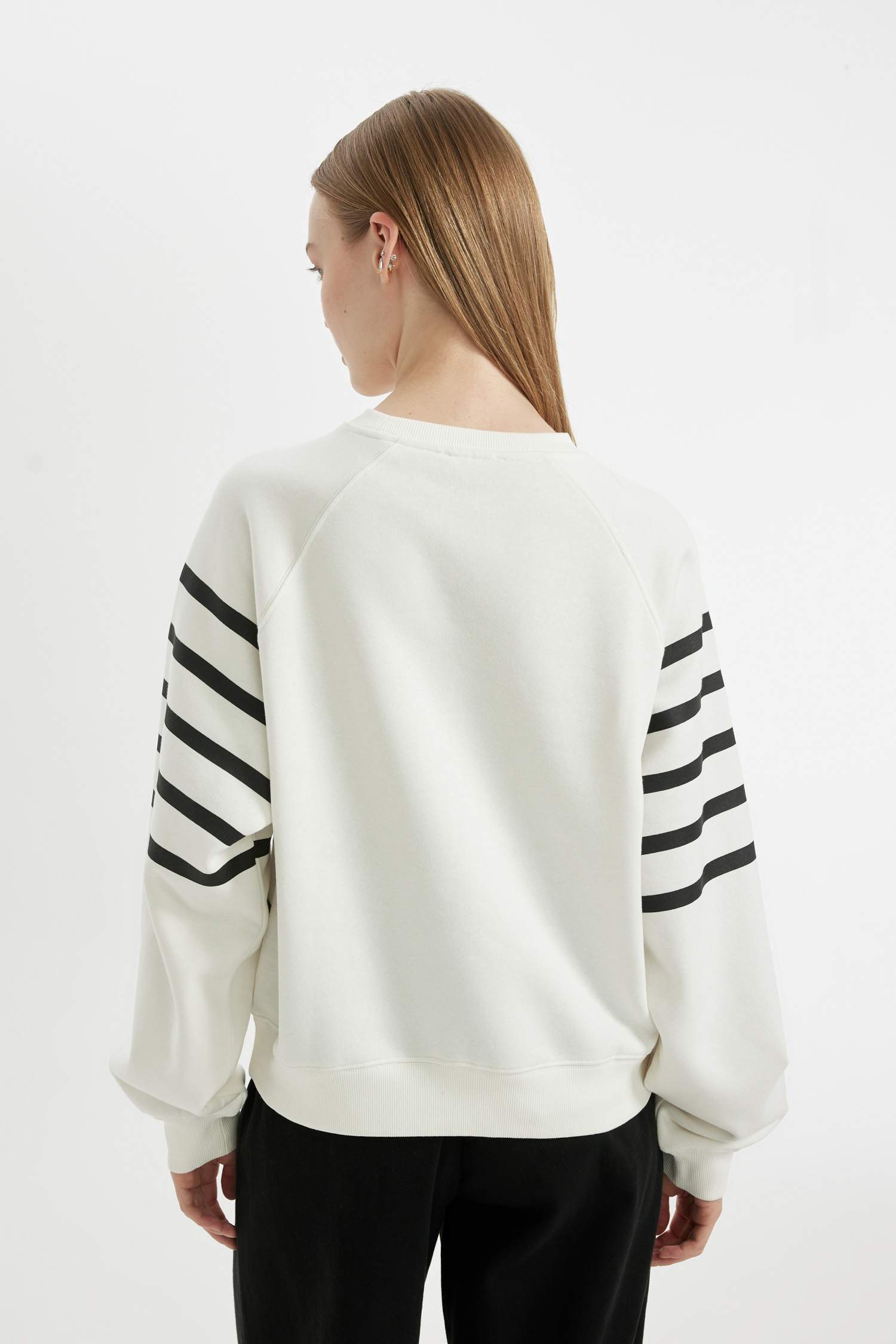 Coool Oversize Geniş Kalıp Bisiklet Yaka Çizgili Kalın Sweatshirt