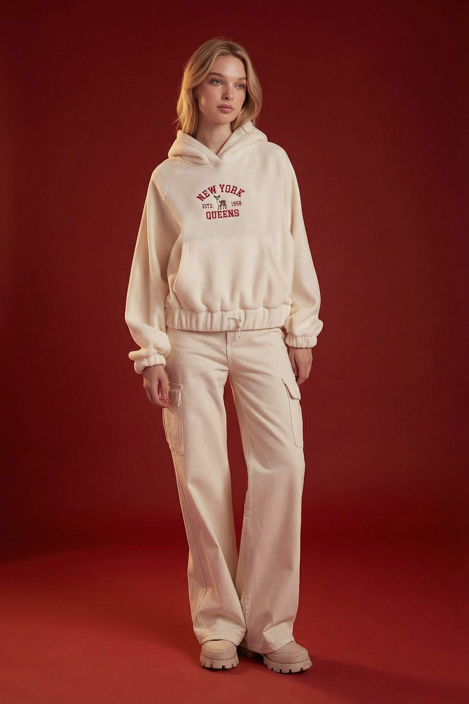 Loose Fit Kapüşonlu Kanguru Cepli Polar Sweatshirt