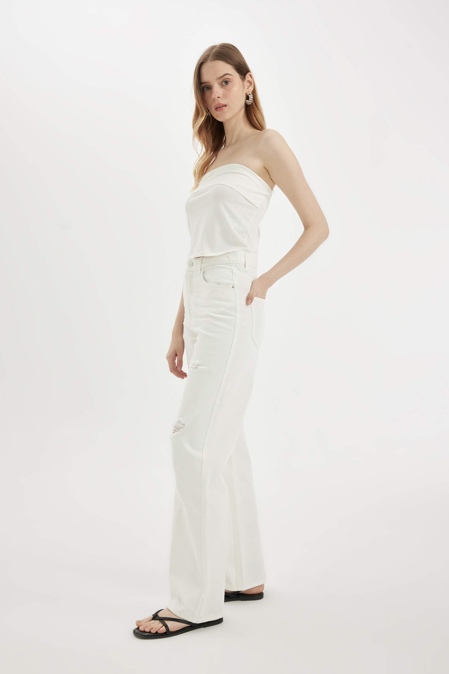 بنطلون جينز وايد ليج برجل واسع وخصر عالي