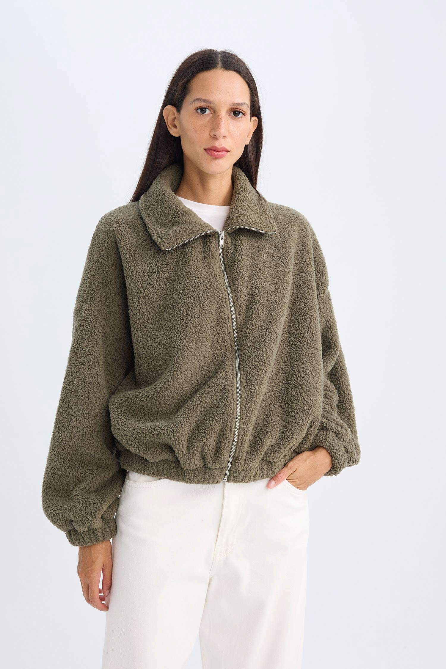 Oversize Geniş Kalıp Polo Yaka Welsoft Pelüş Fermuarlı Hırka