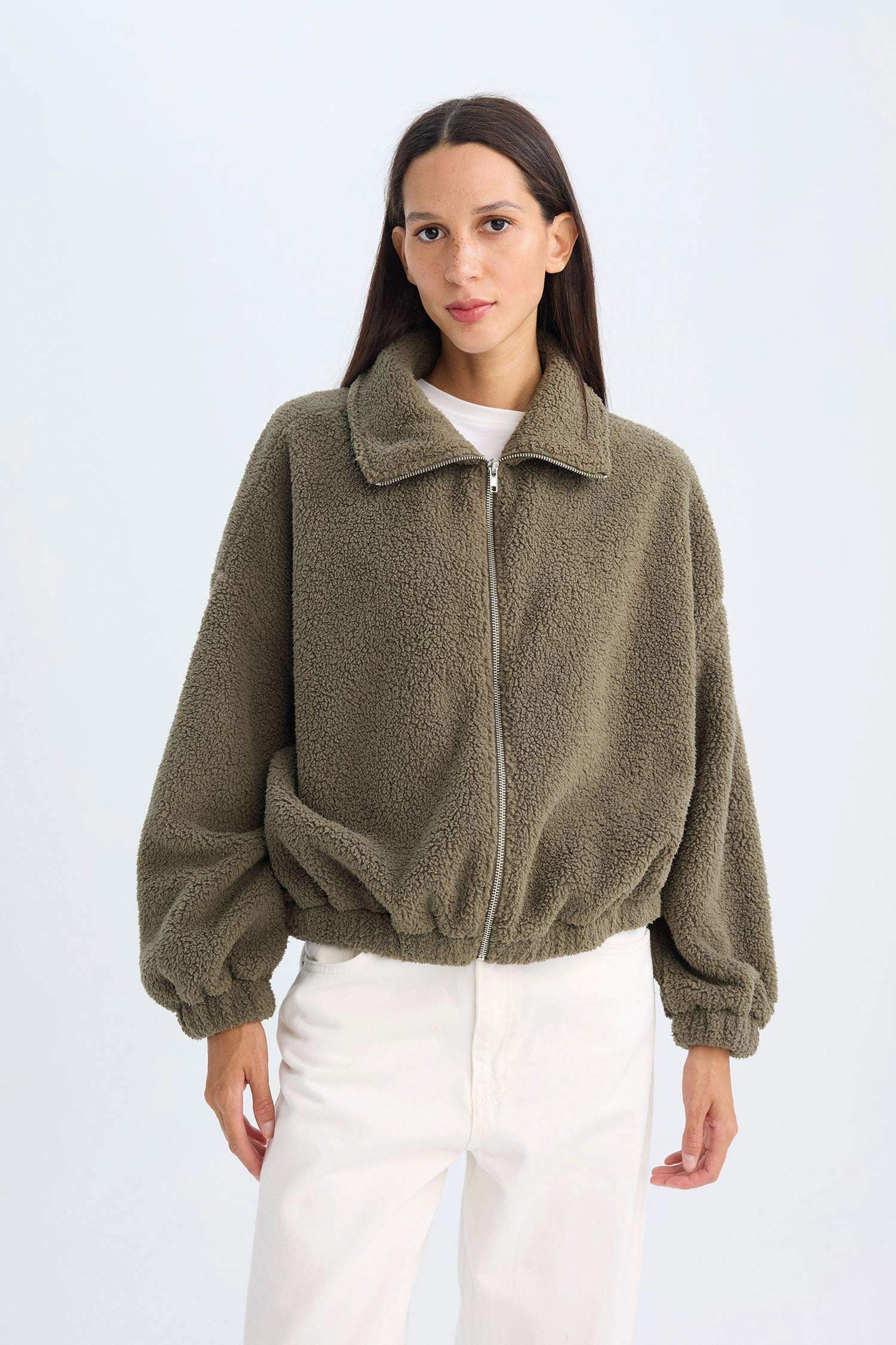 Oversize Geniş Kalıp Polo Yaka Welsoft Pelüş Fermuarlı Hırka