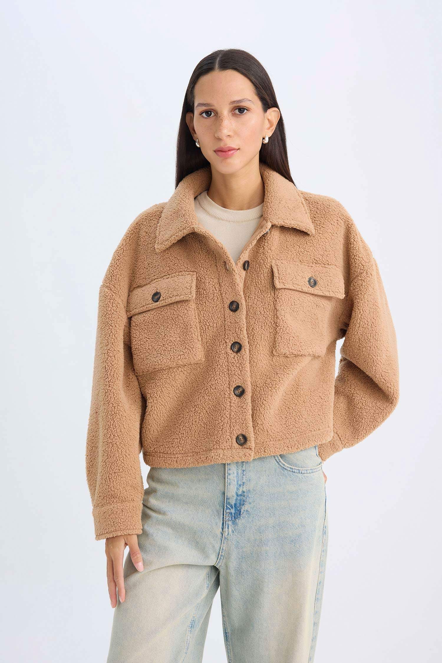 Relax Fit Polo Yaka Düğmeli Cepli Welsoft Pelüş Gömlek Ceket