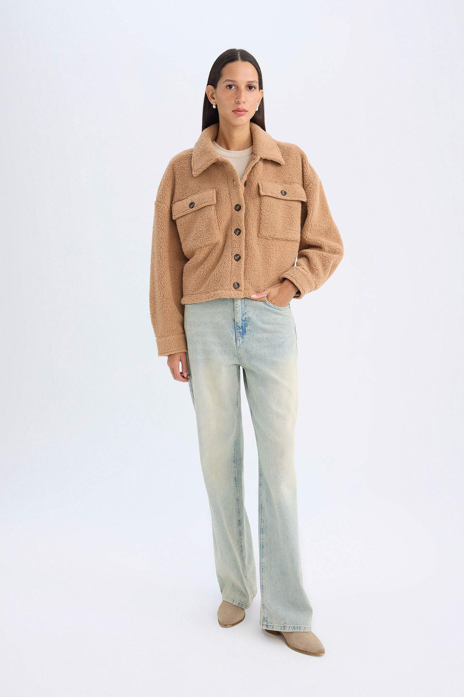 Relax Fit Polo Yaka Düğmeli Cepli Welsoft Pelüş Gömlek Ceket