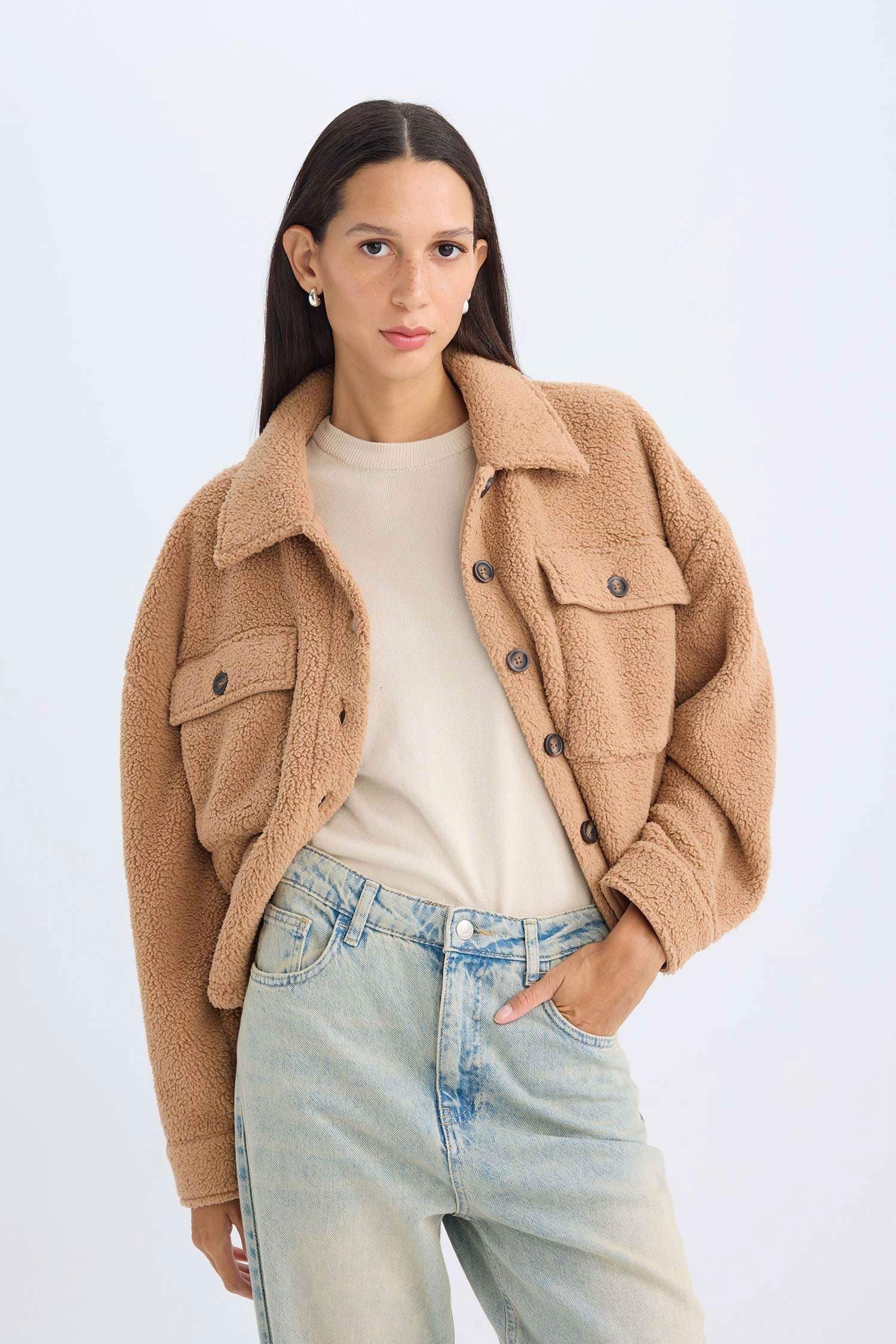 Relax Fit Polo Yaka Düğmeli Cepli Welsoft Pelüş Gömlek Ceket