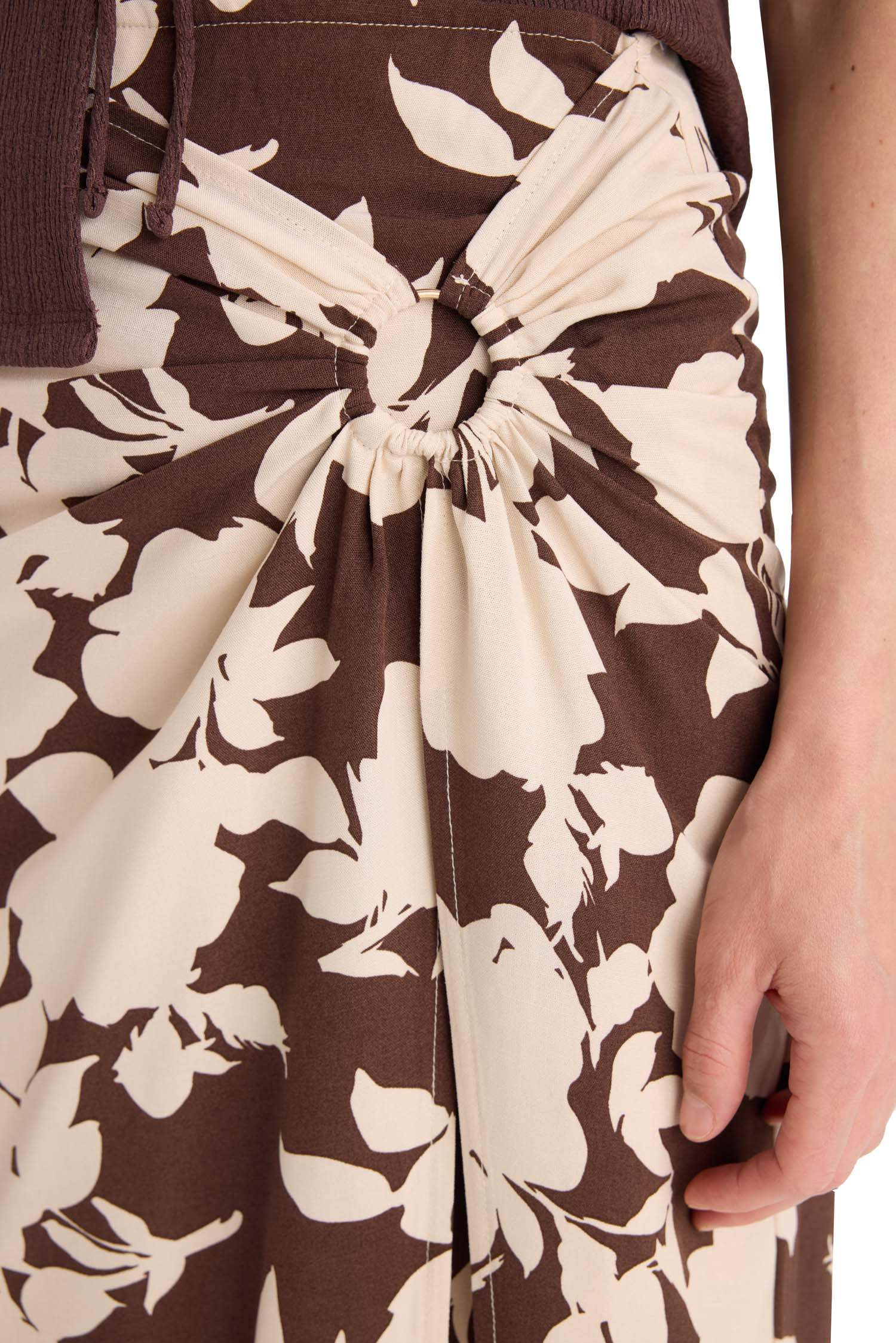 A Form Çiçekli Normal Bel Keten Karışımlı Maxi Etek