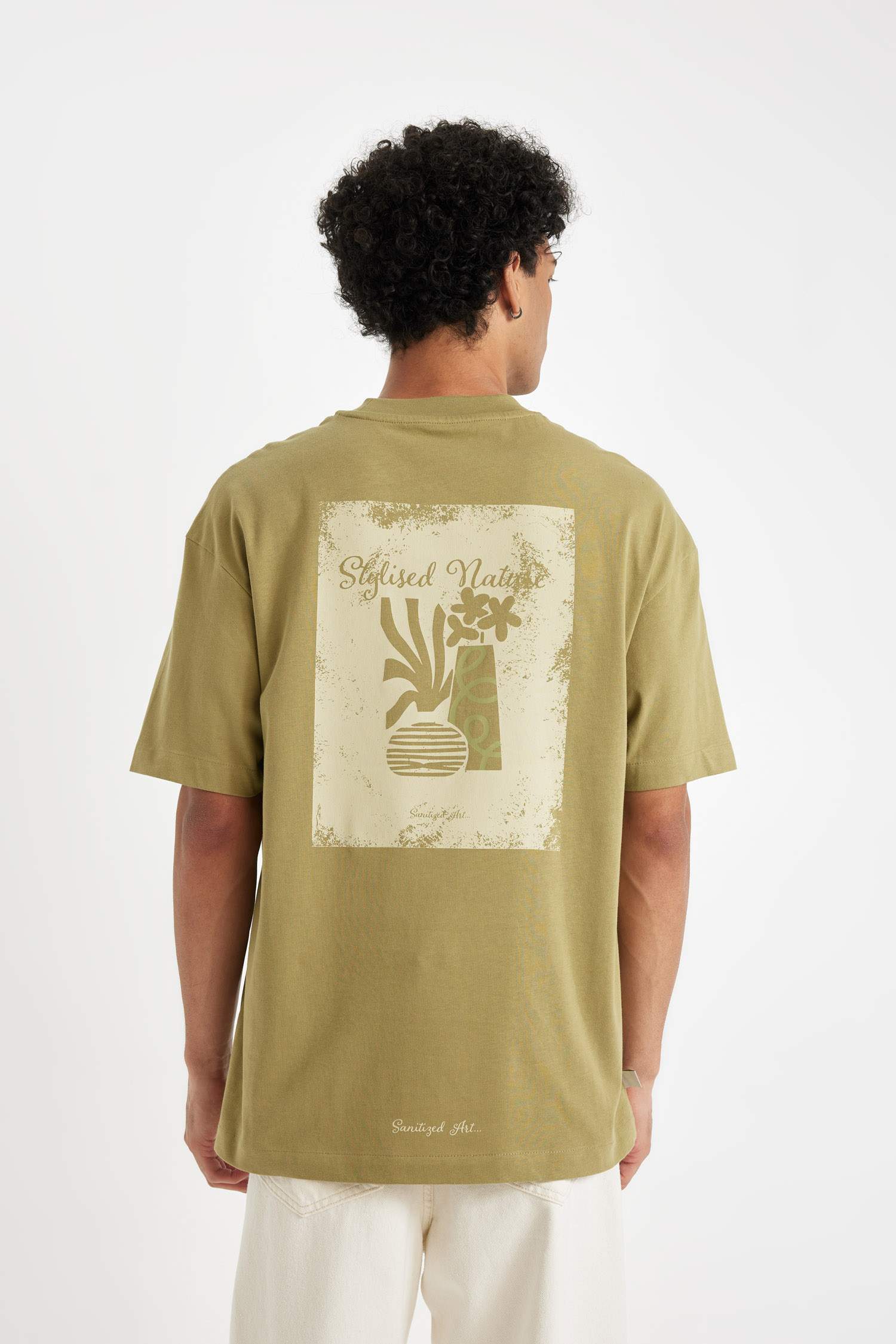 %100 Pamuk Boxy Fit Bisiklet Yaka Sırt Baskılı Kısa Kollu Tişört