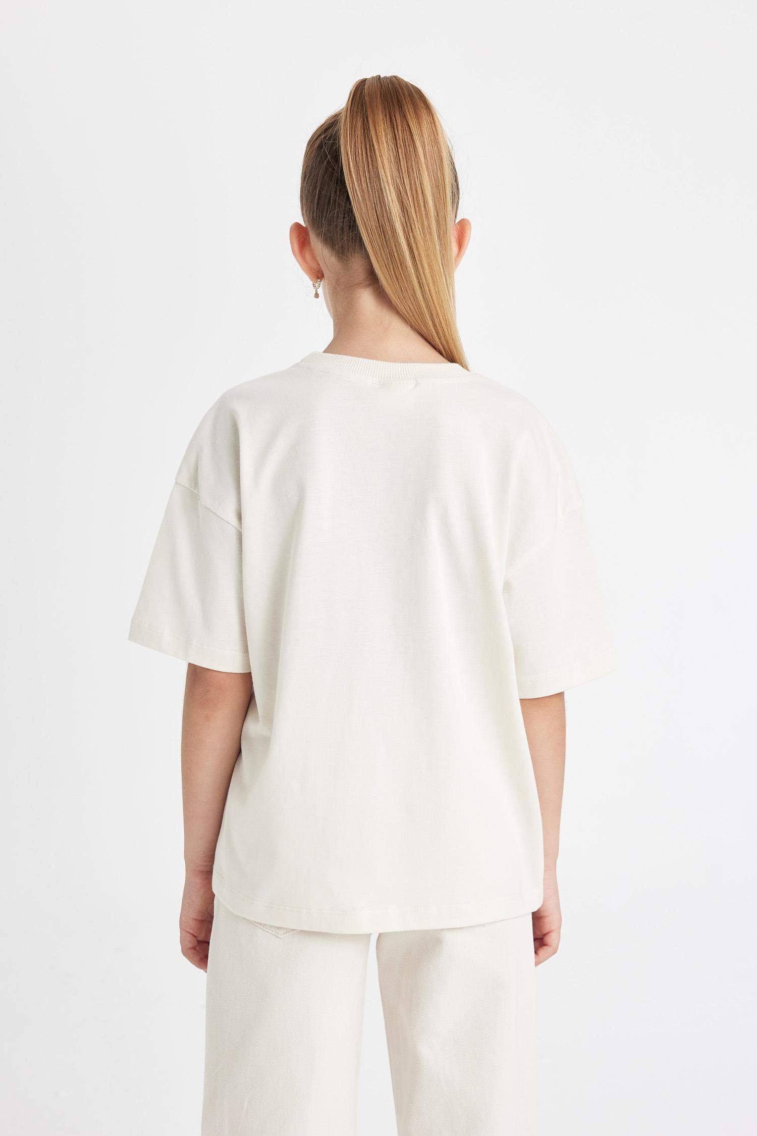 Kız Çocuk Relax Fit Bisiklet Yaka Yazı Baskılı Kısa Kollu Tişört