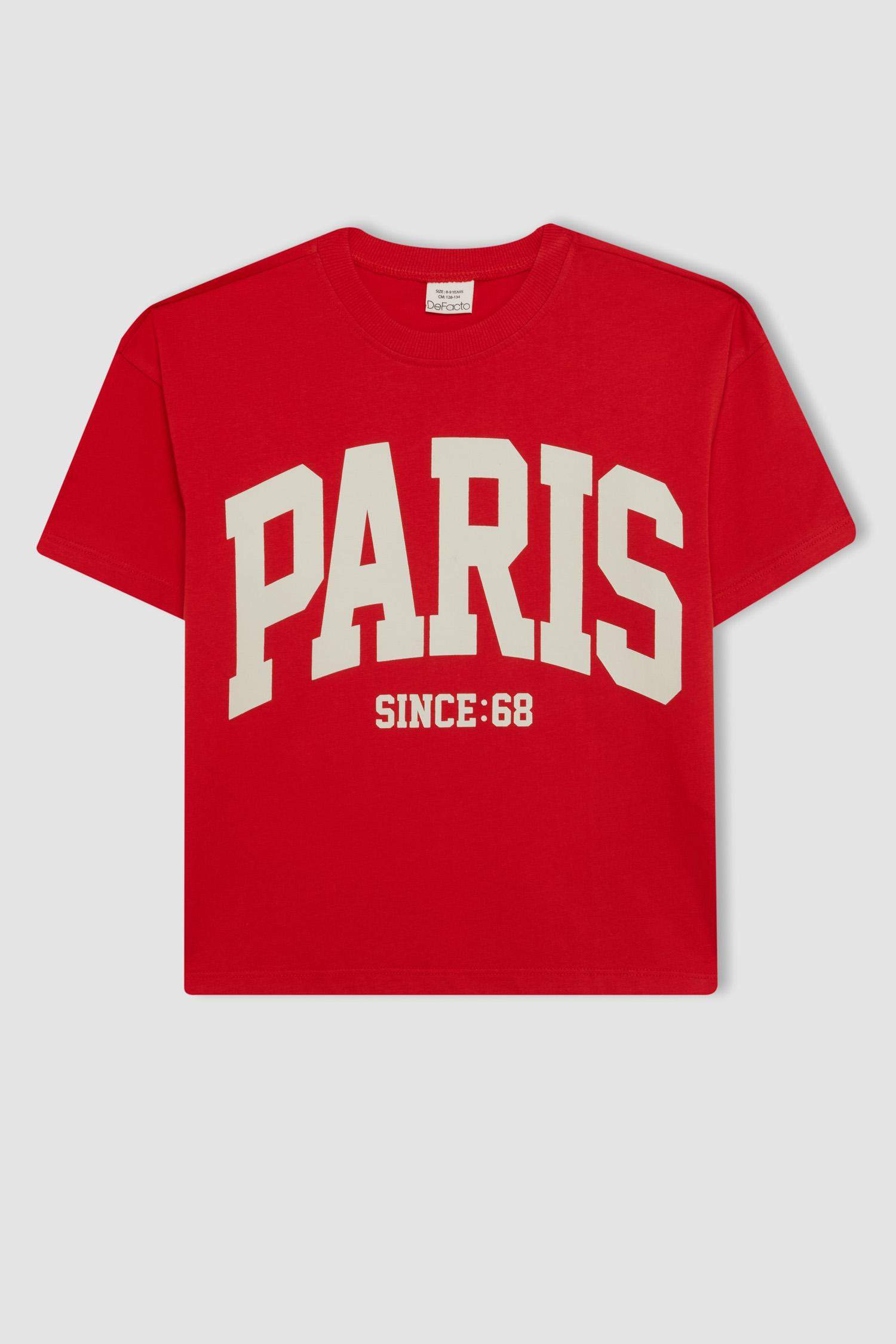 Kız Çocuk Relax Fit Bisiklet Yaka Yazı Baskılı Kısa Kollu Okul Tişörtü