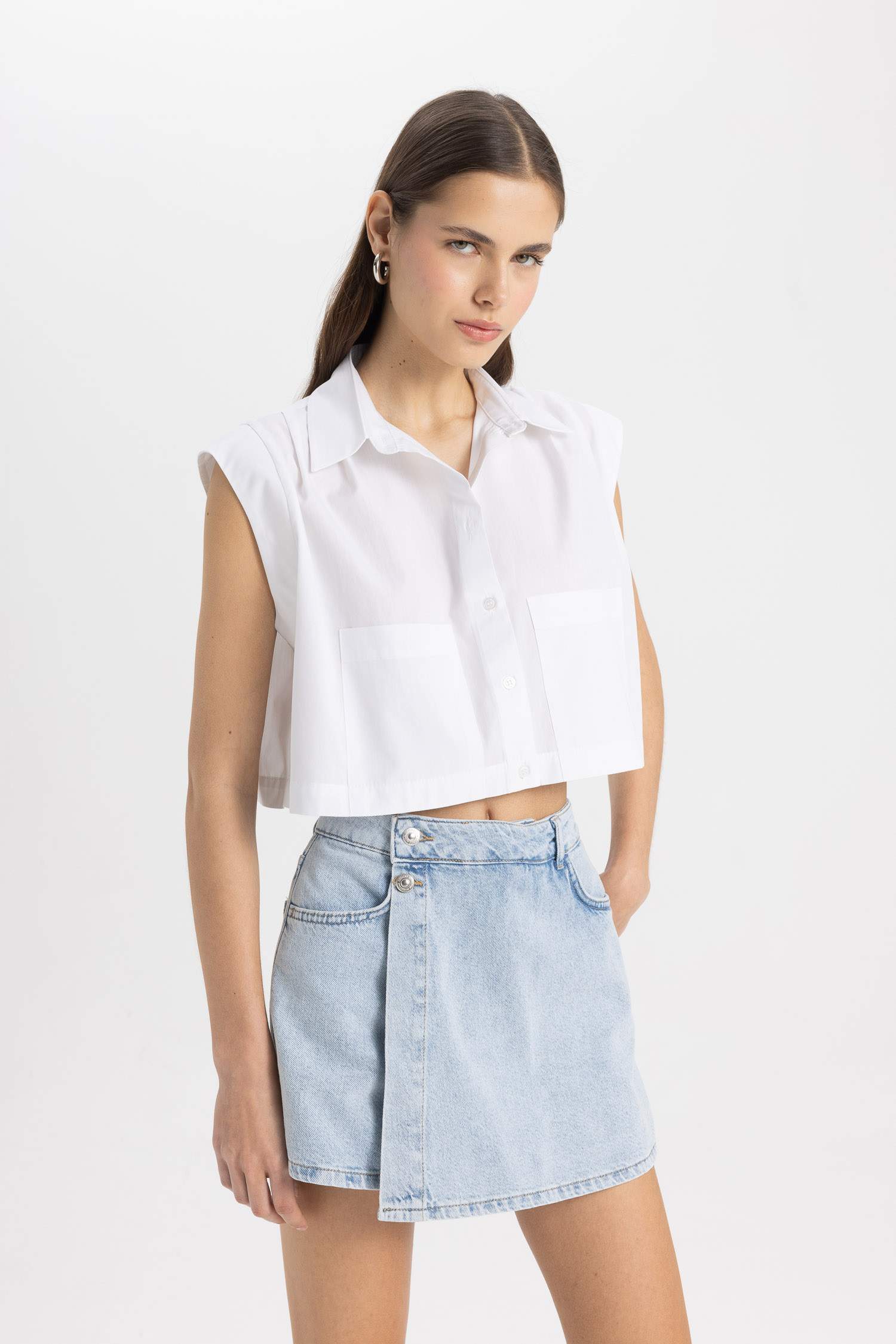 Crop Shirt Collar Poplin Short Sleeve Shirt