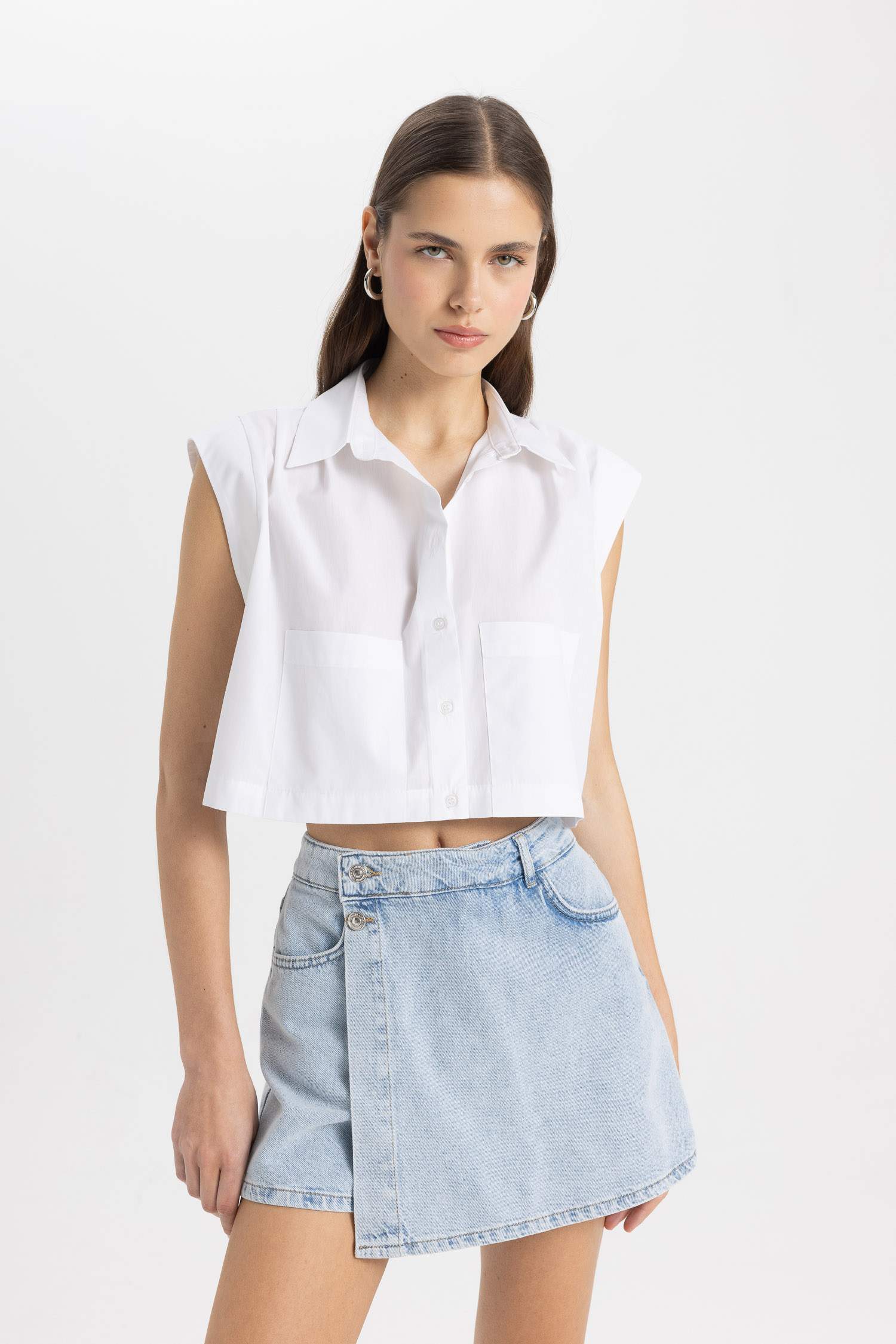 Crop Shirt Collar Poplin Short Sleeve Shirt