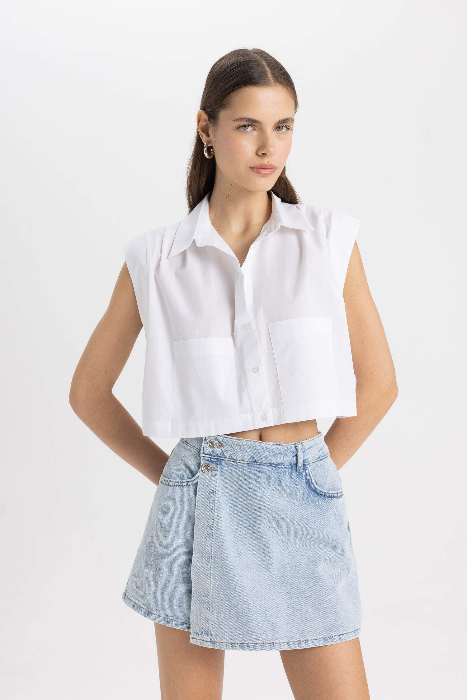 Crop Shirt Collar Poplin Short Sleeve Shirt