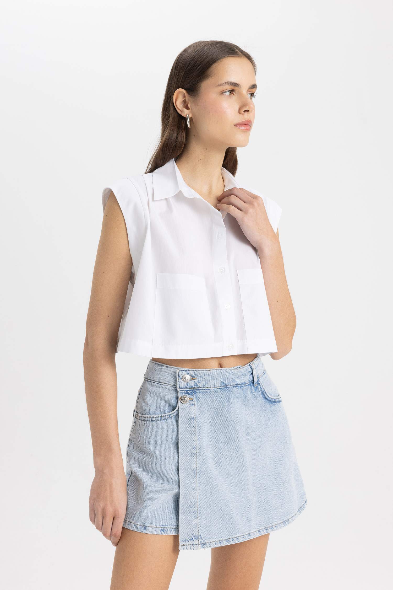 Crop Shirt Collar Poplin Short Sleeve Shirt