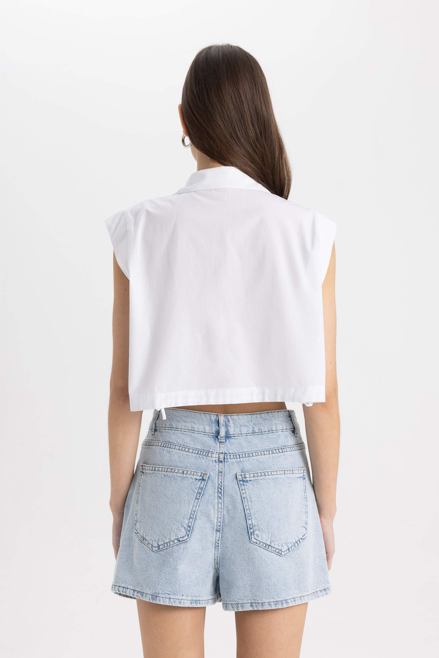 Crop Shirt Collar Poplin Short Sleeve Shirt