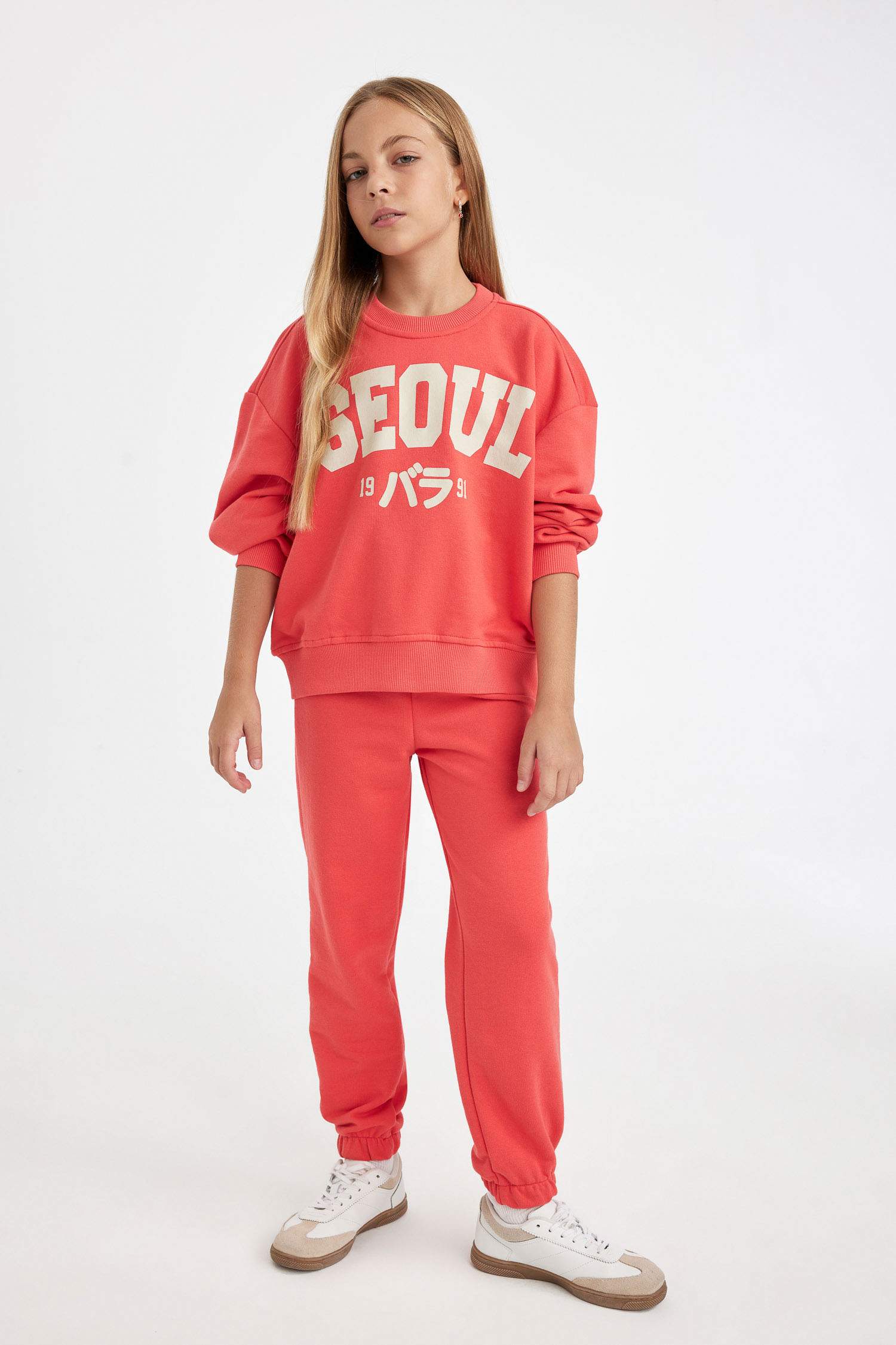 Kız Çocuk 2'li Takım Baskılı Bisiklet Yaka Sweatshirt Beli Lastikli Jogger Eşofman Altı