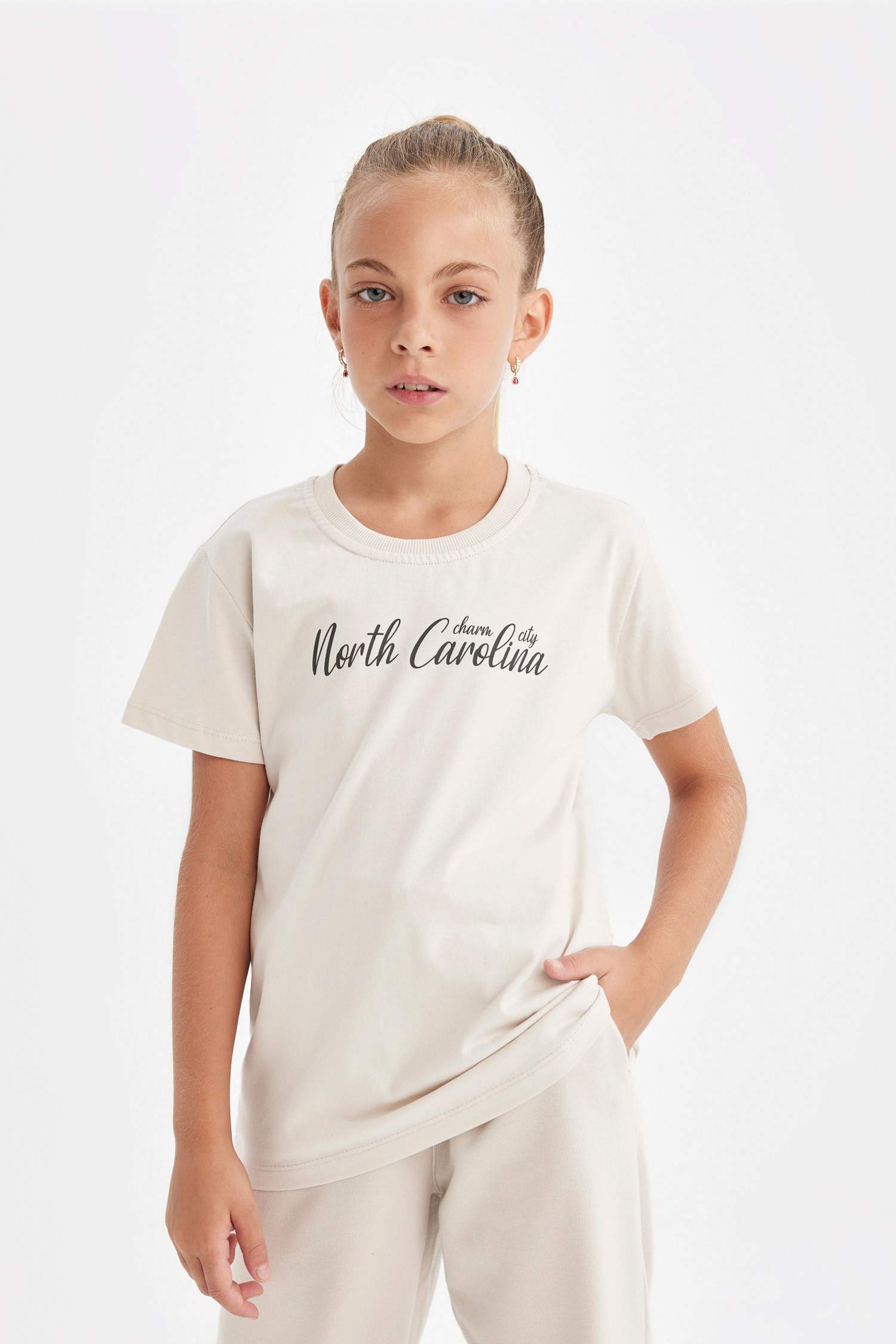 Kız Çocuk Bisiklet Yaka Yazı Baskılı Kısa Kollu Okul Tişörtü