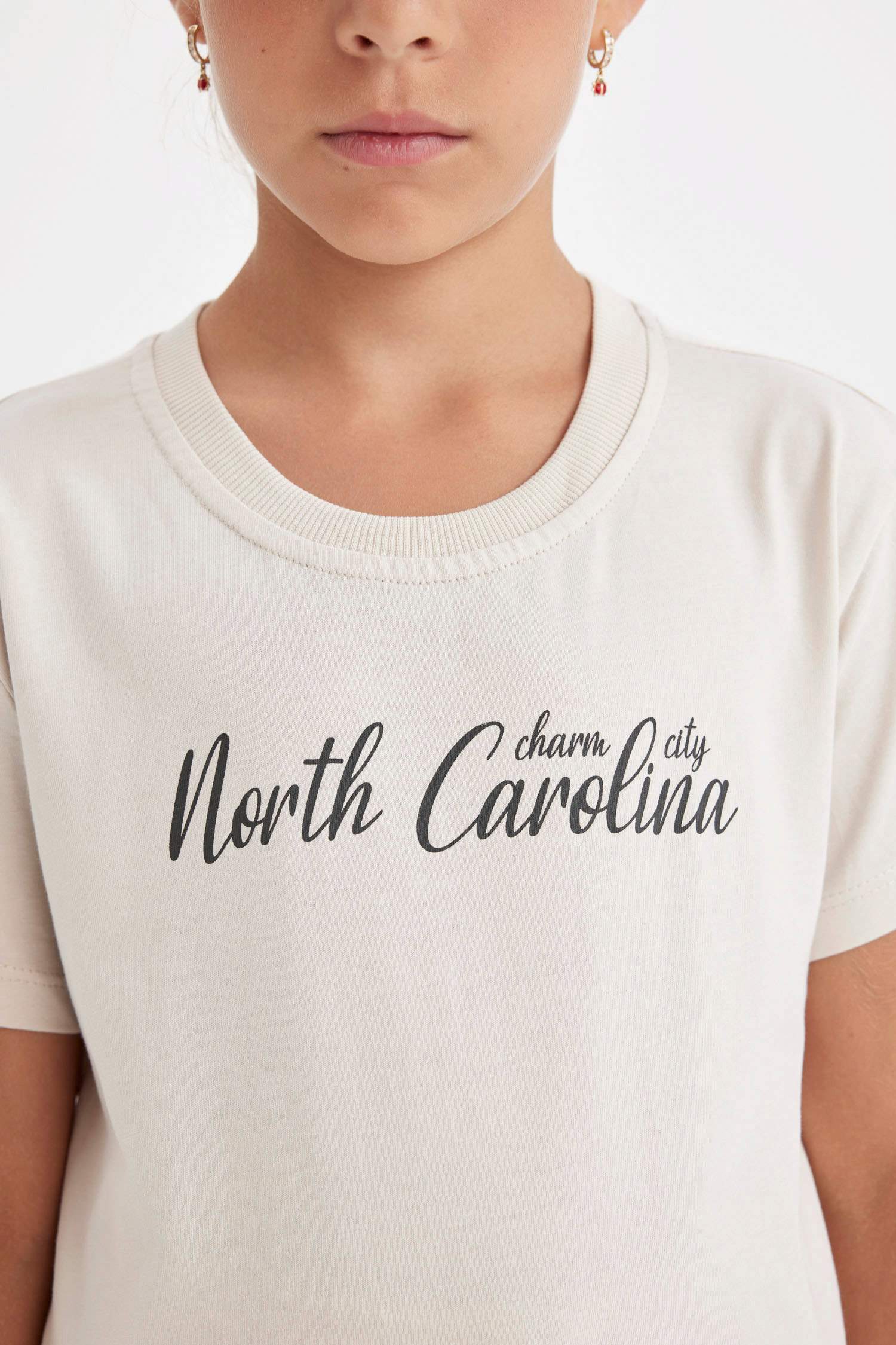 Kız Çocuk Bisiklet Yaka Yazı Baskılı Kısa Kollu Okul Tişörtü