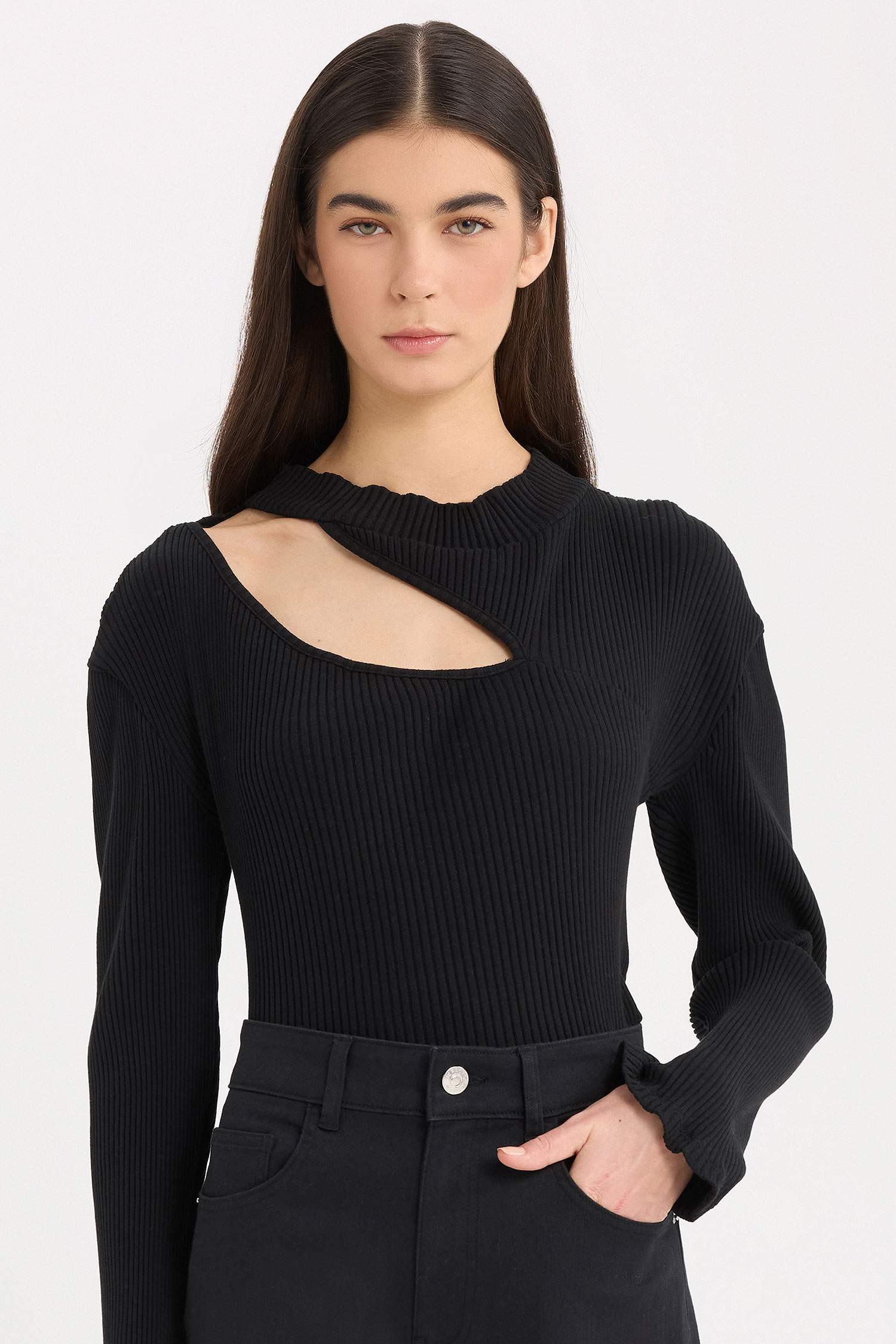 Slim Fit Dar Kesim Yarım Balıkçı Yaka Basic Düz Fitilli Kaşkorse Uzun Kollu Tişört	