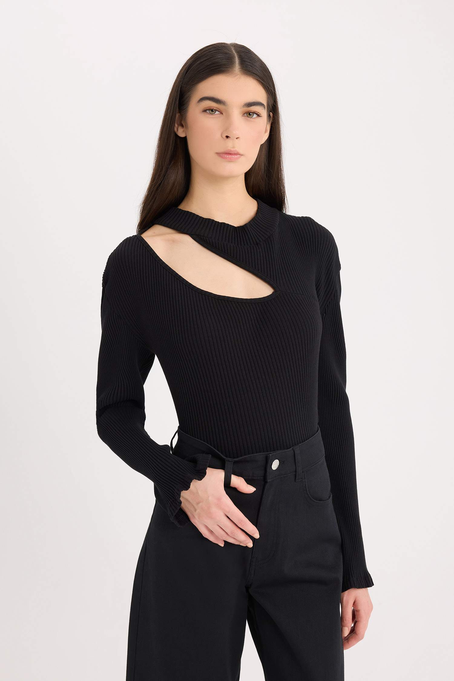 Slim Fit Dar Kesim Yarım Balıkçı Yaka Basic Düz Fitilli Kaşkorse Uzun Kollu Tişört	