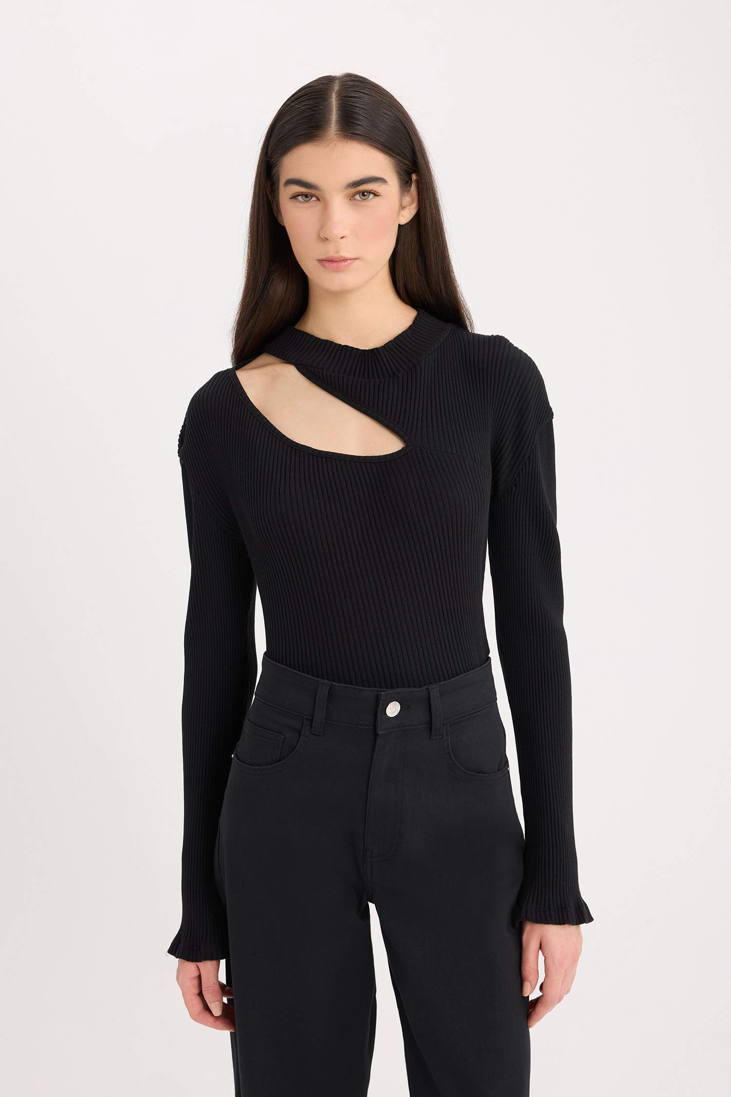 Slim Fit Dar Kesim Yarım Balıkçı Yaka Basic Düz Fitilli Kaşkorse Uzun Kollu Tişört	