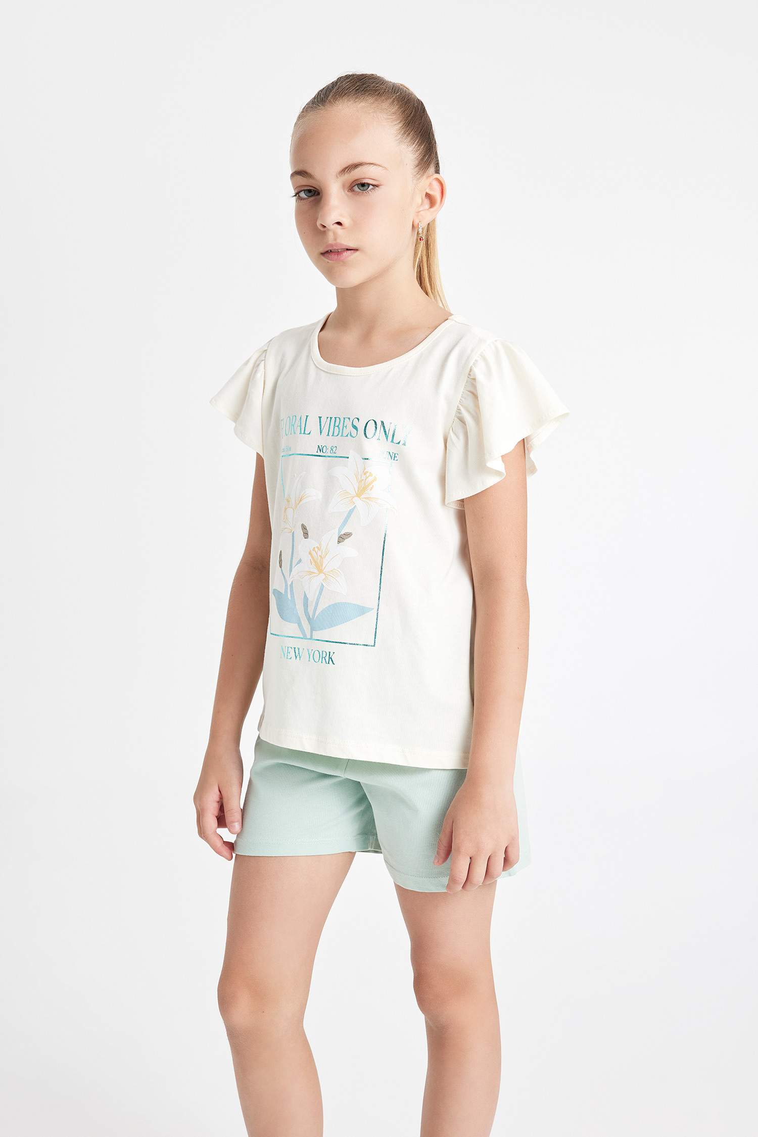 Kız Çocuk Pijama Takımı Bisiklet Yaka Baskılı Kısa Kollu Üst Şort