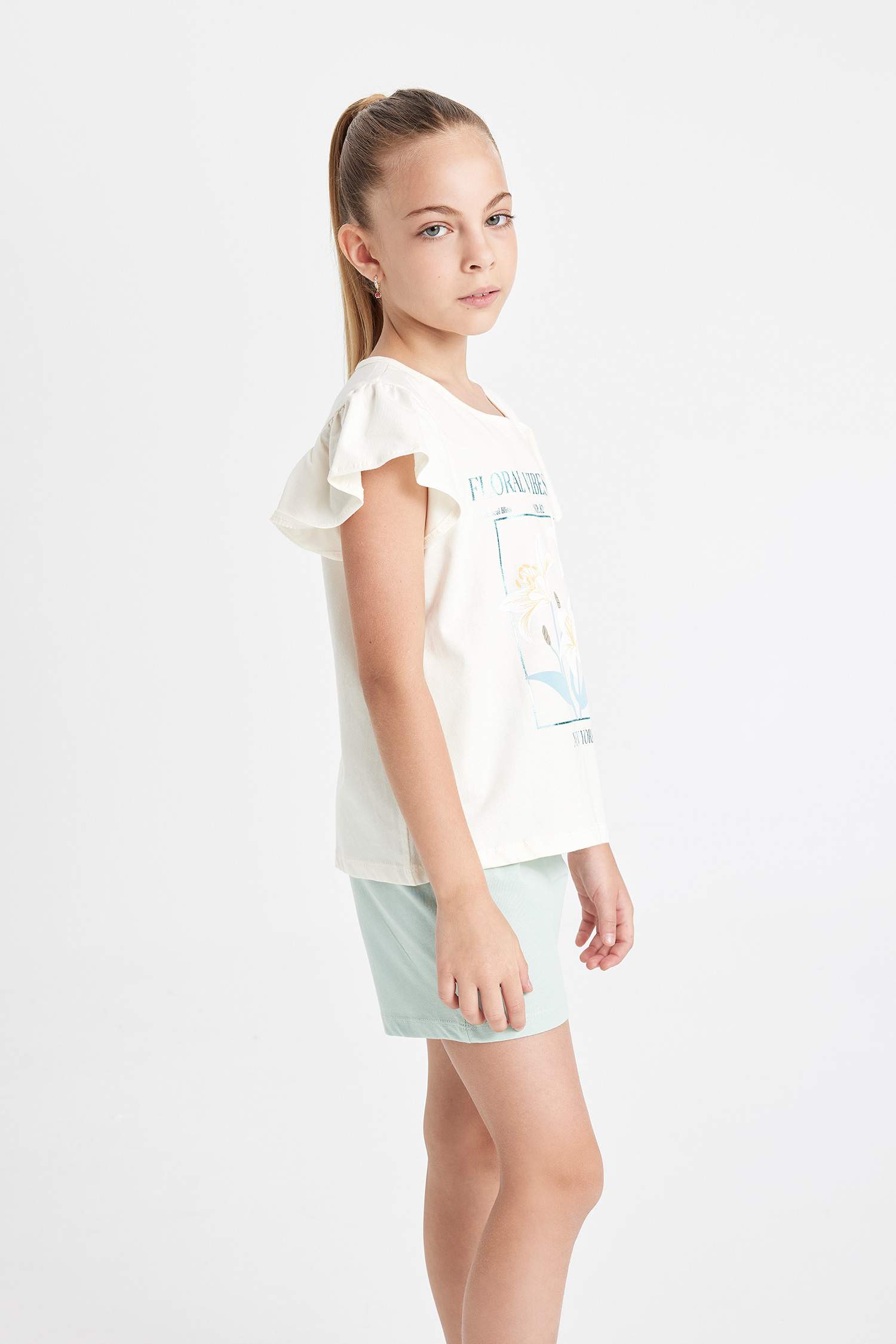 Kız Çocuk Pijama Takımı Bisiklet Yaka Baskılı Kısa Kollu Üst Şort