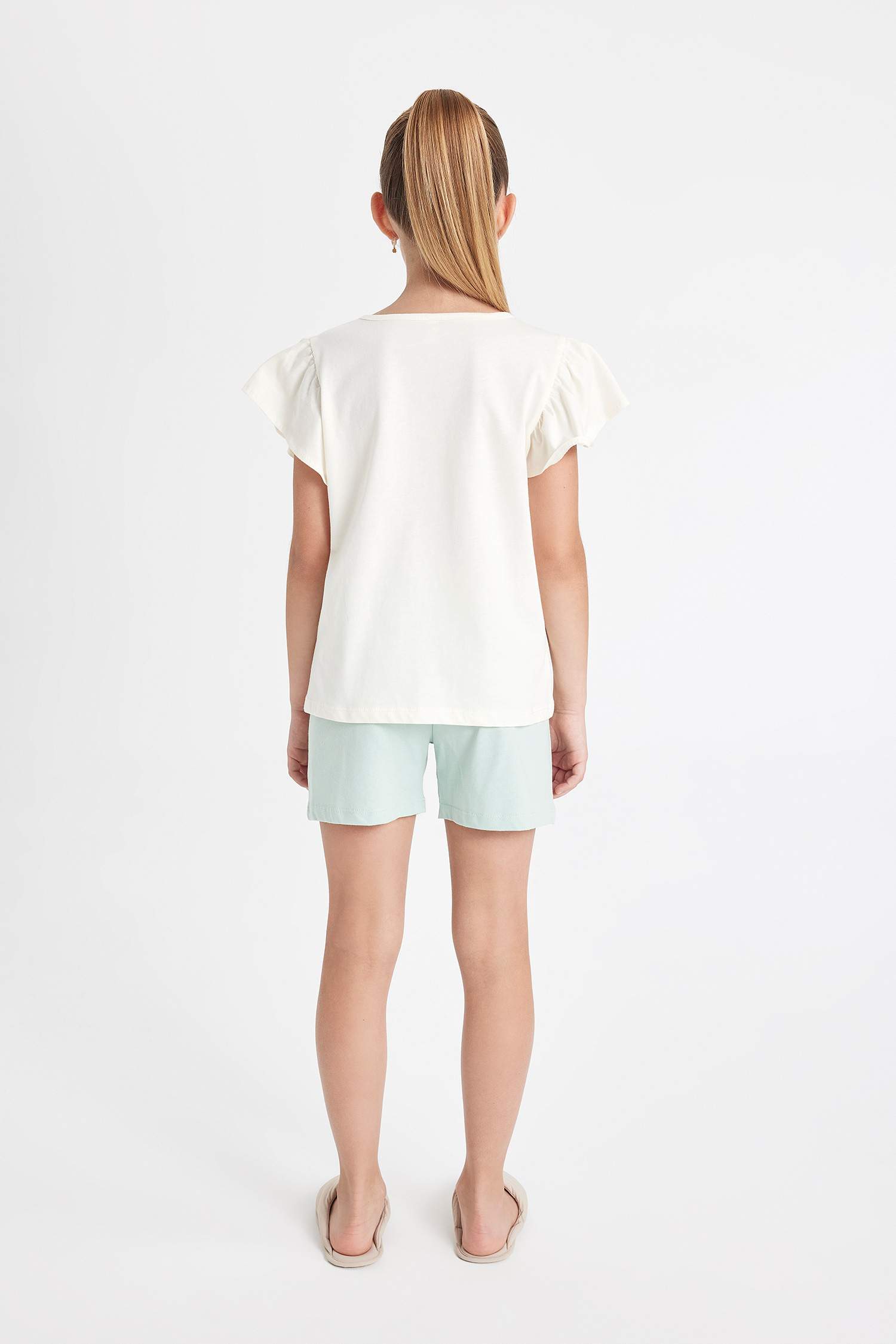 Kız Çocuk Pijama Takımı Bisiklet Yaka Baskılı Kısa Kollu Üst Şort