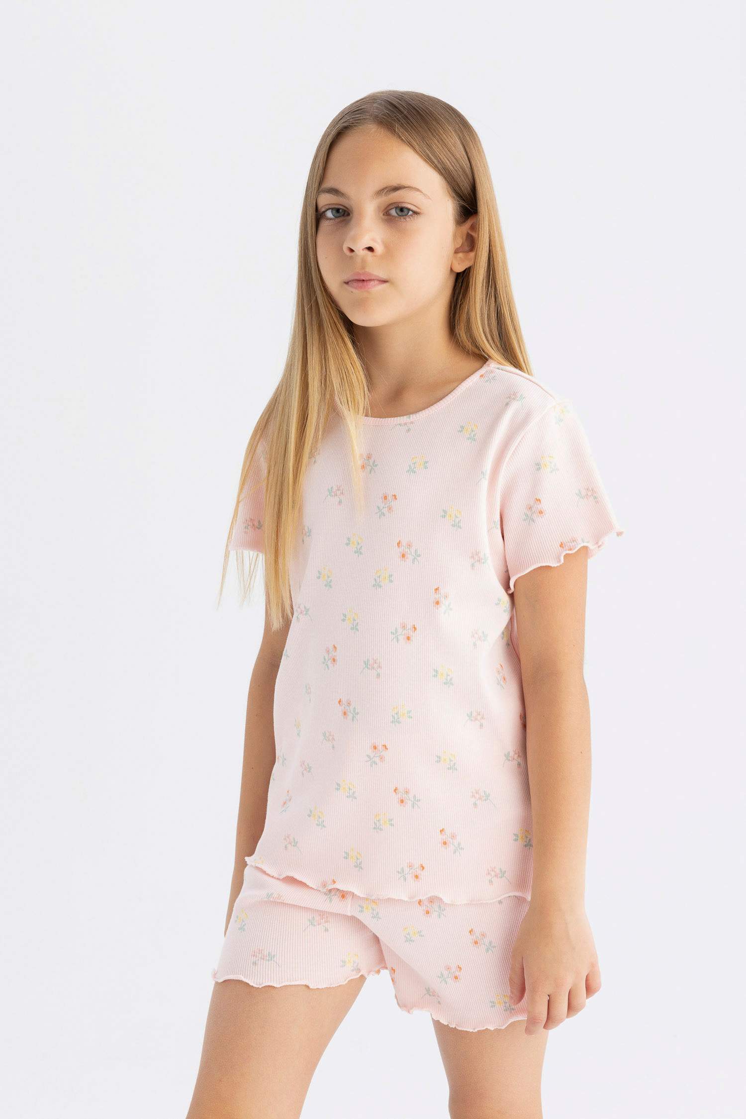 Kız Çocuk Pijama Takım Desenli Fitilli Kaşkorse Kısa Kollu Üst Beli Lastikli Şort Alt