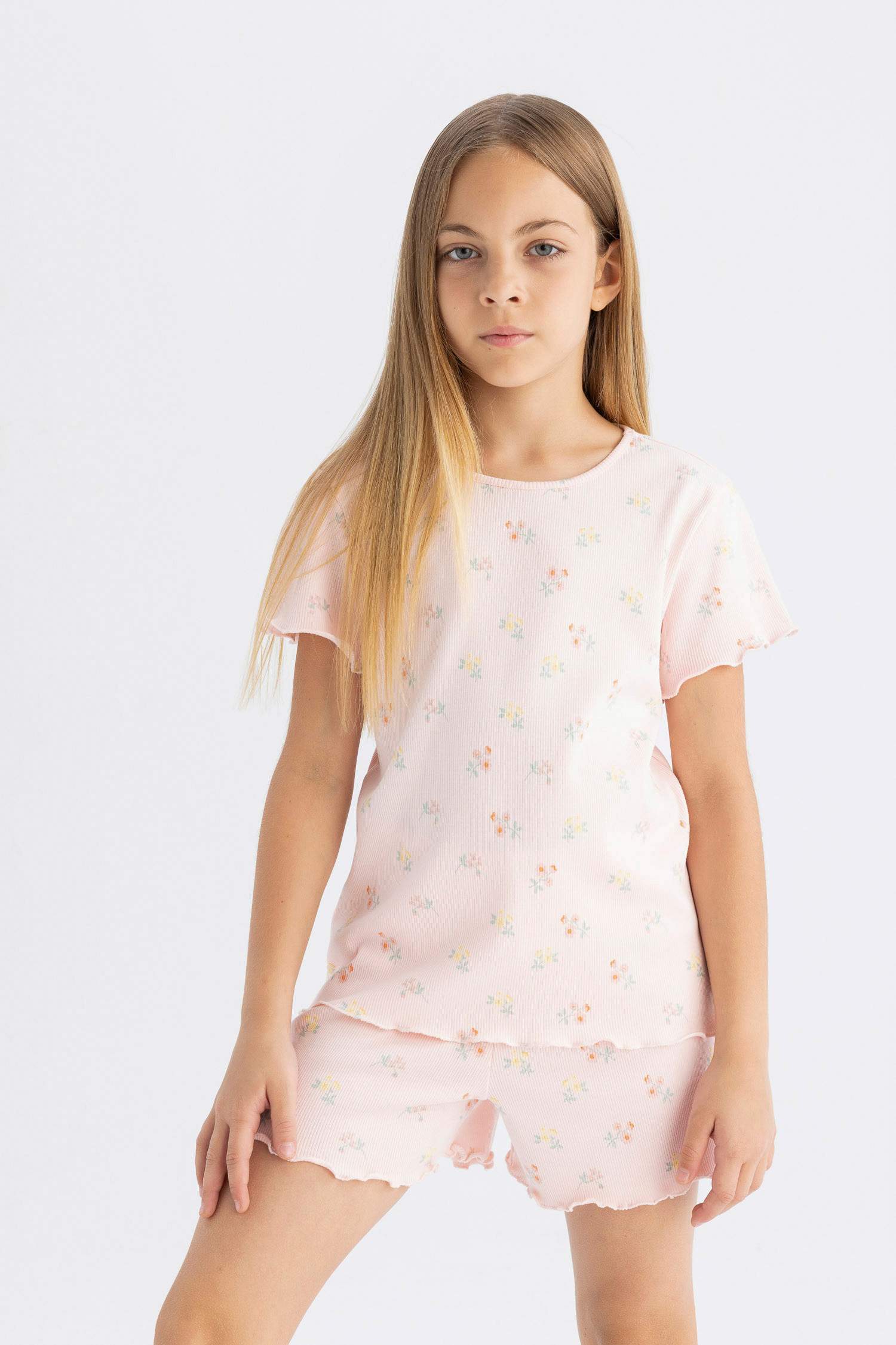 Kız Çocuk Pijama Takım Desenli Fitilli Kaşkorse Kısa Kollu Üst Beli Lastikli Şort Alt