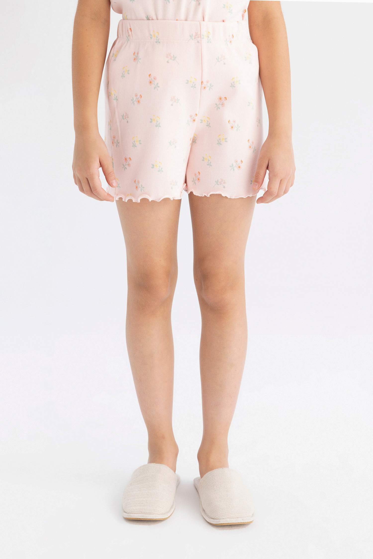 Kız Çocuk Pijama Takım Desenli Fitilli Kaşkorse Kısa Kollu Üst Beli Lastikli Şort Alt