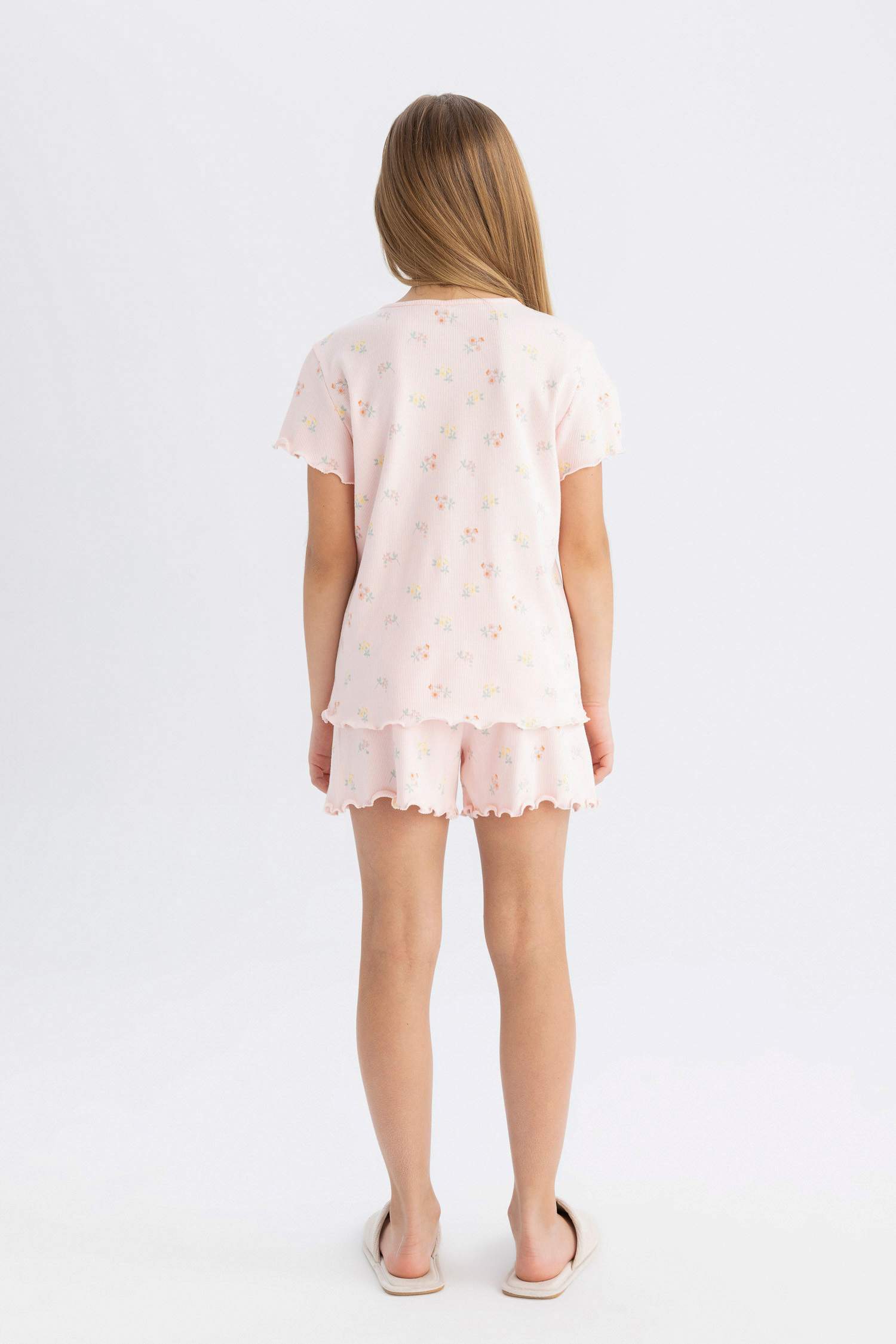 Kız Çocuk Pijama Takım Desenli Fitilli Kaşkorse Kısa Kollu Üst Beli Lastikli Şort Alt