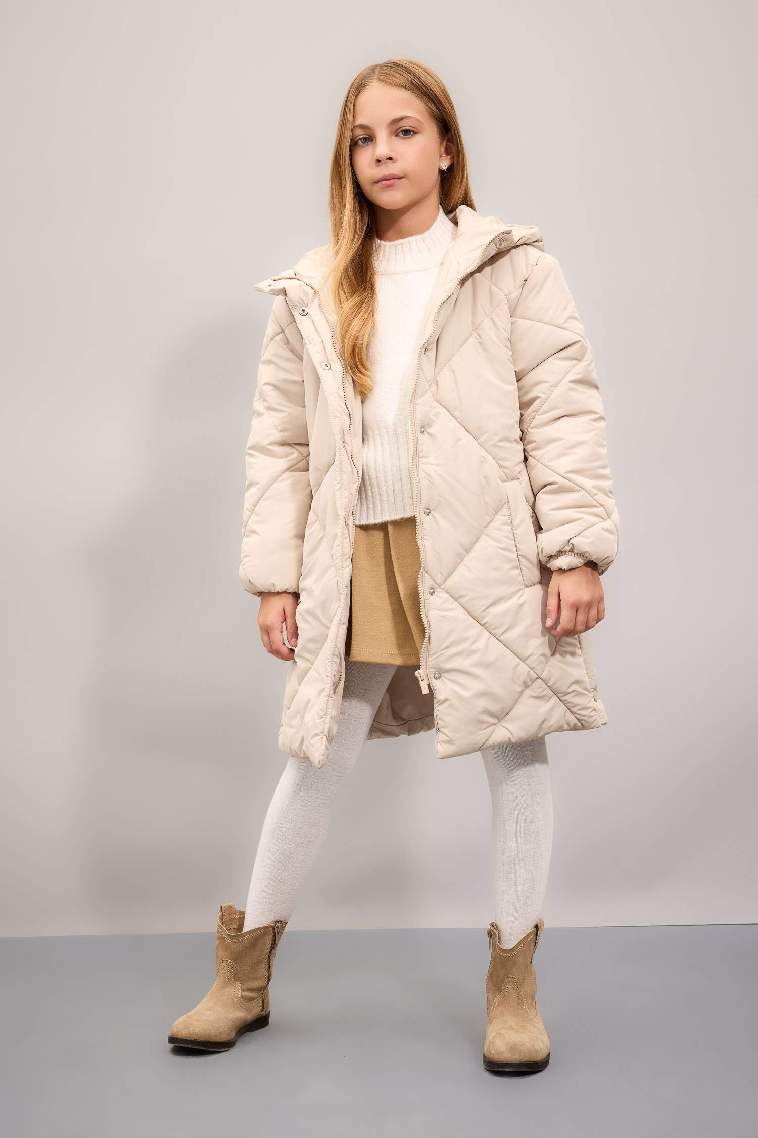 Kız Çocuk Su Geçirmez Kapüşonlu Uzun Şişme Mont Parka Kapitoneli Fermuarlı Cepli