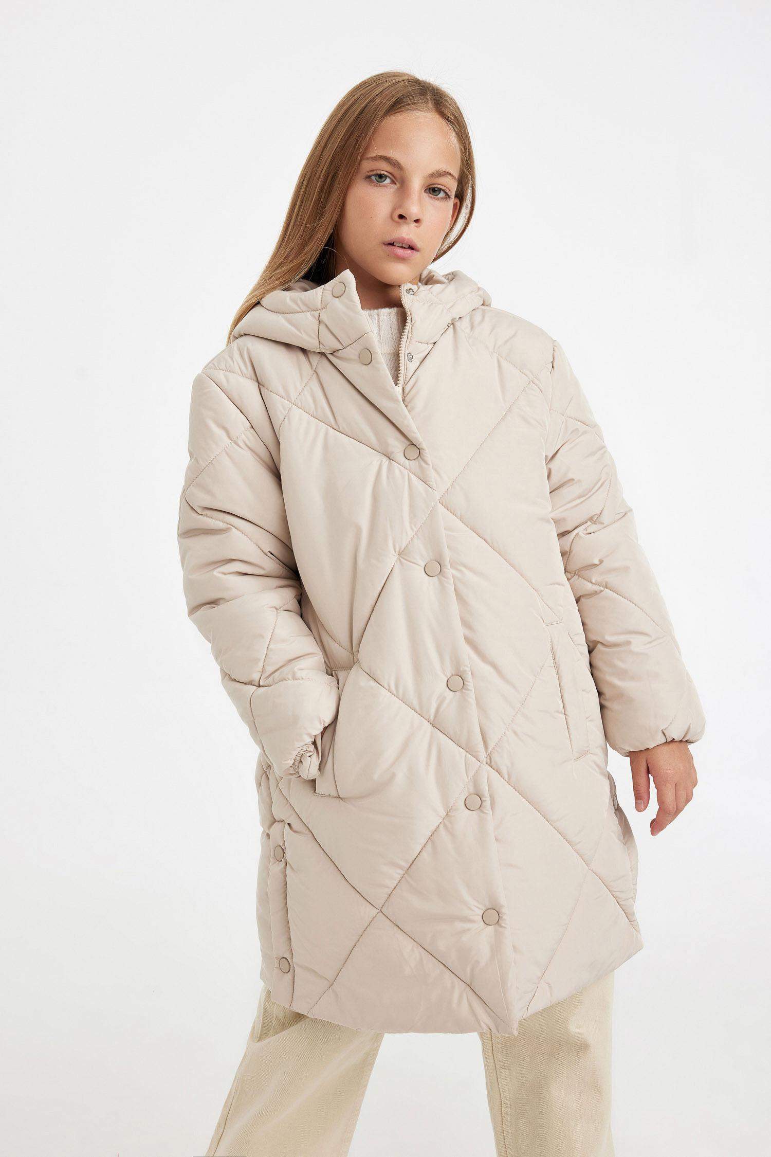 Kız Çocuk Su Geçirmez Kapüşonlu Uzun Şişme Mont Parka Kapitoneli Fermuarlı Cepli