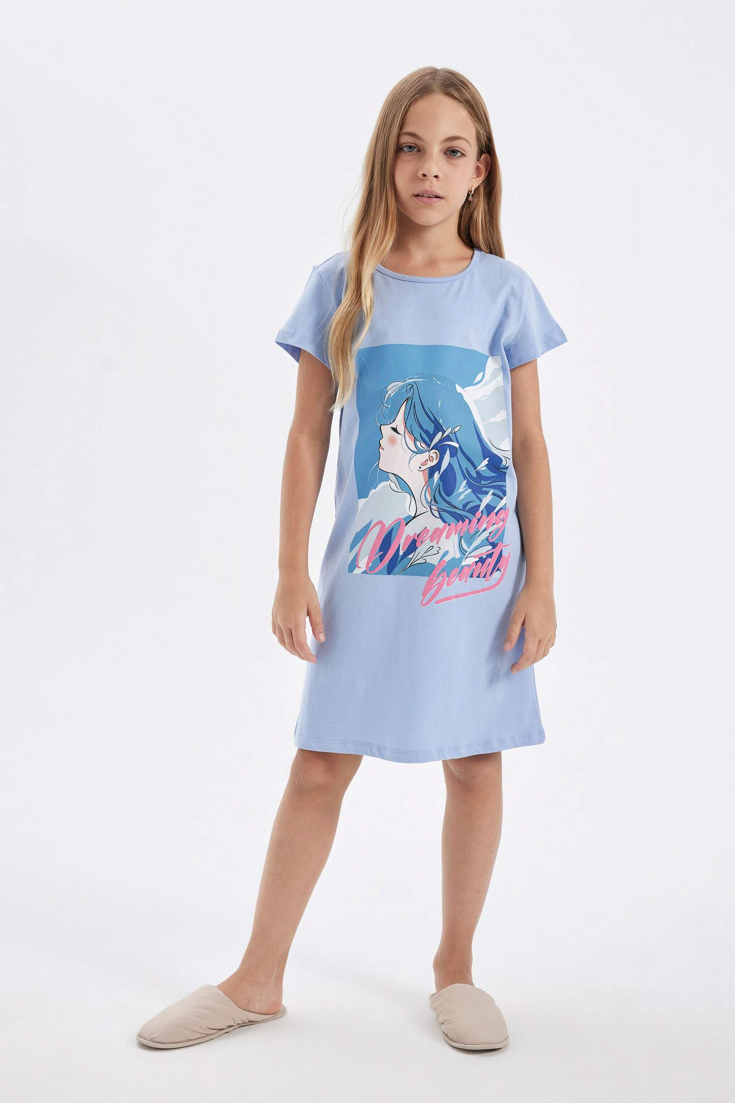 فستان نوم بناتي نص كم مطبوع