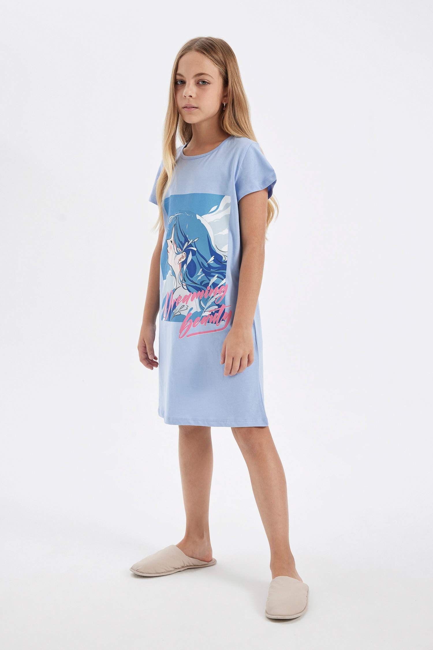 فستان نوم بناتي نص كم مطبوع