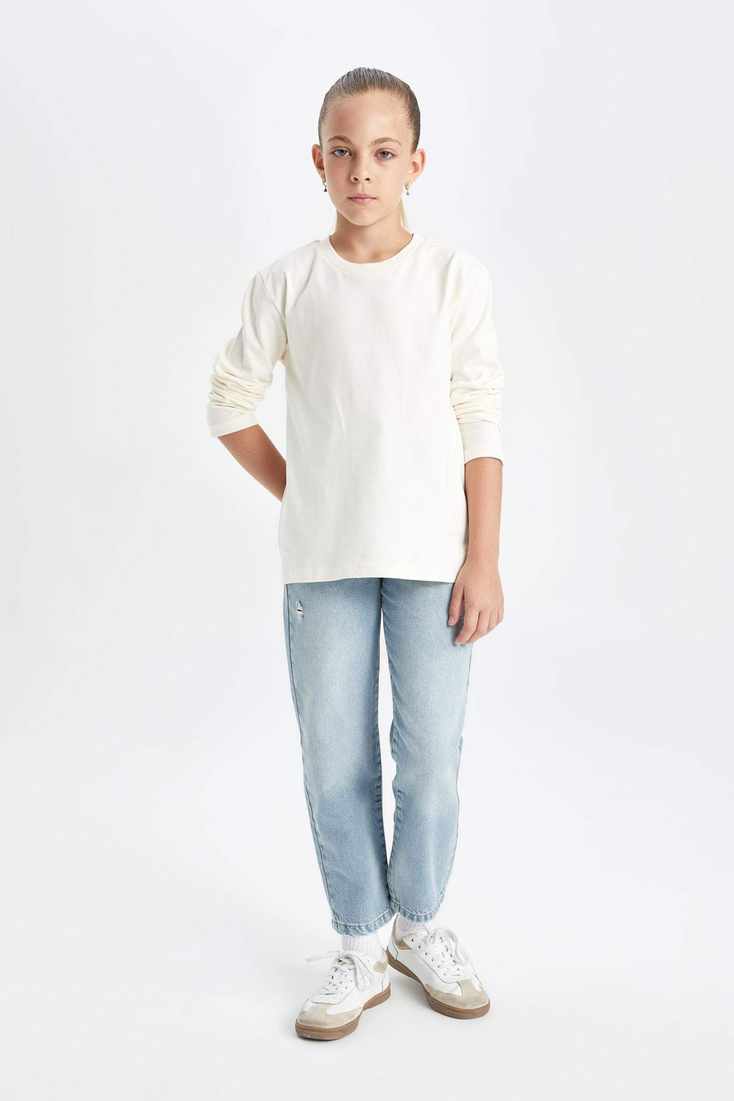 Mom Jean avec détails déchirés à jambes étroites et poches pour Fille