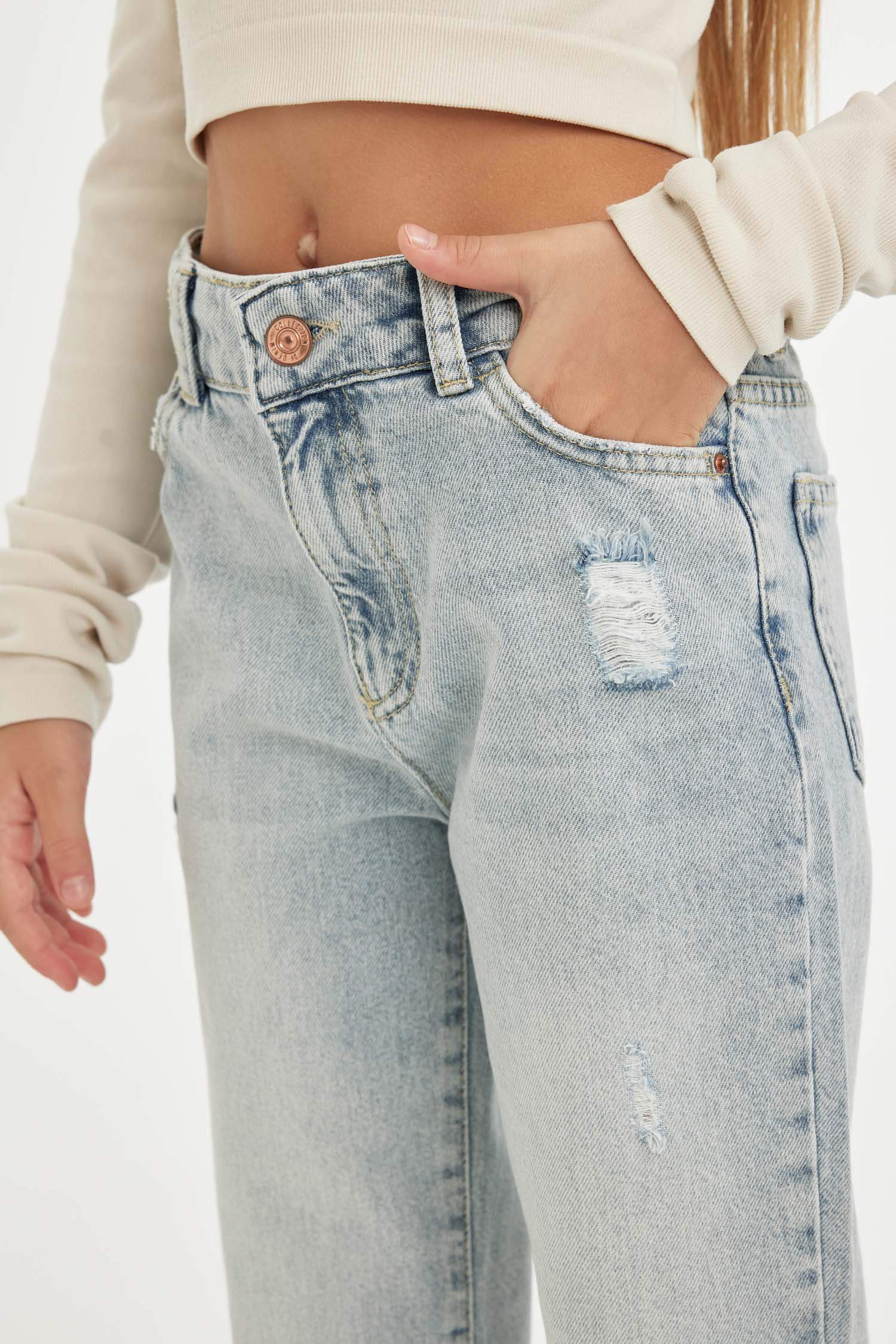 Kız Çocuk Mom Fit Yırtık Detaylı Dar Paça Cepli Jean Pantolon