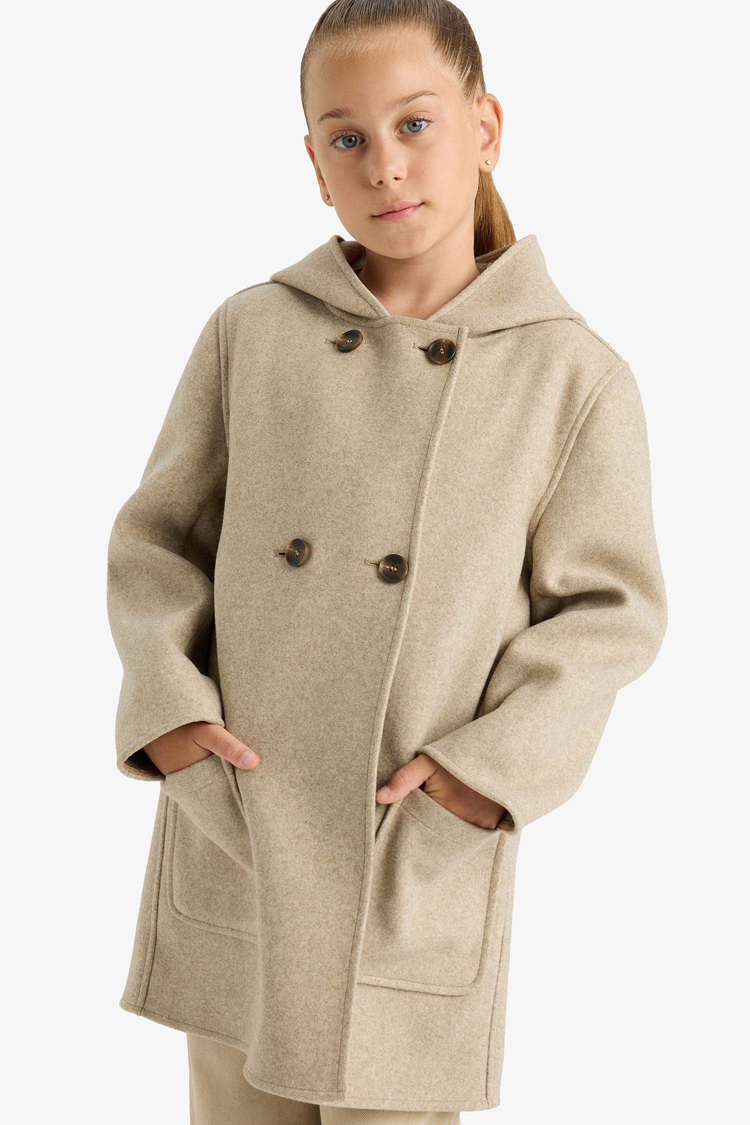 Manteau en laine à capuche et poches pour fille