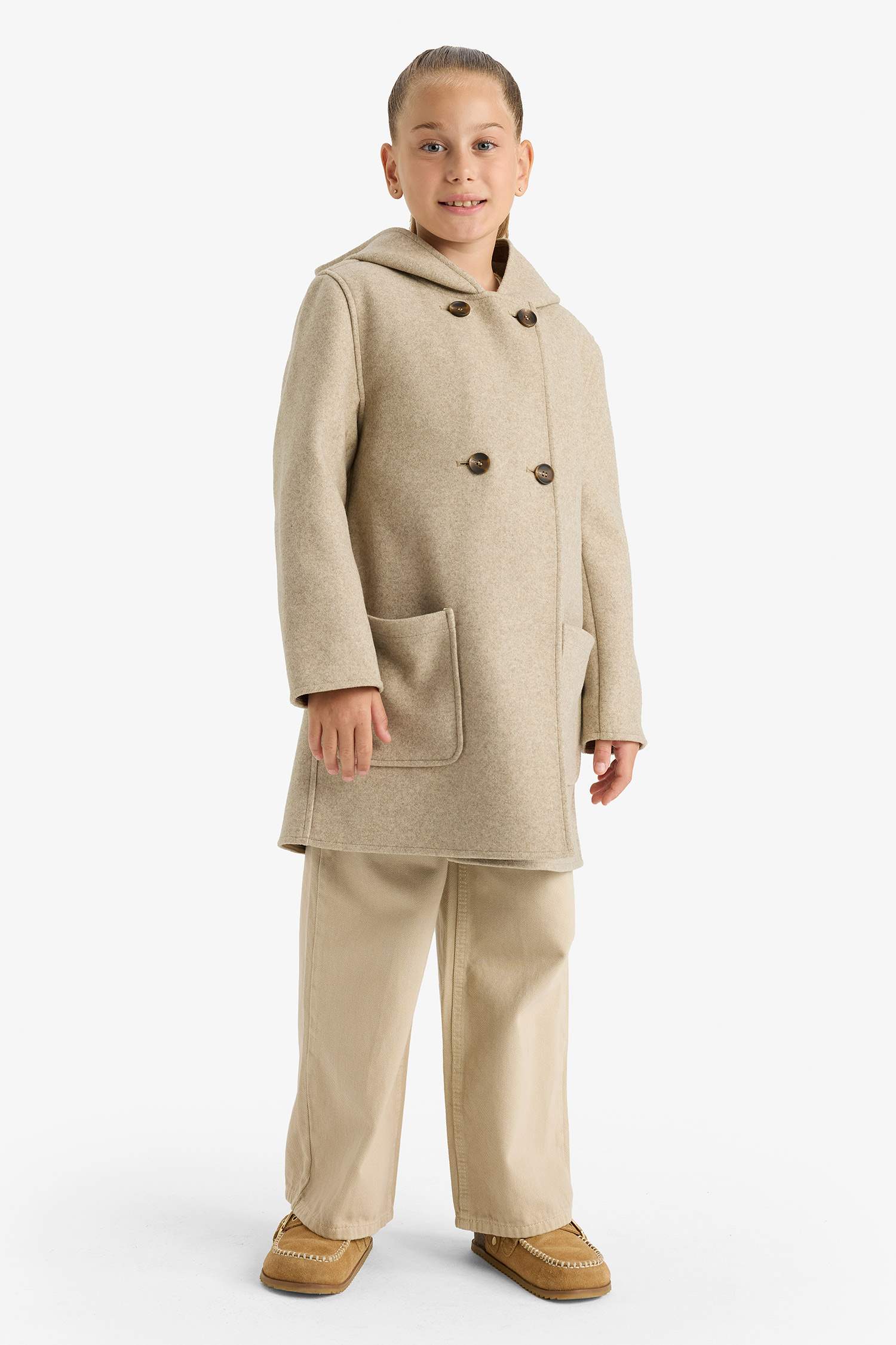 Manteau en laine à capuche et poches pour fille